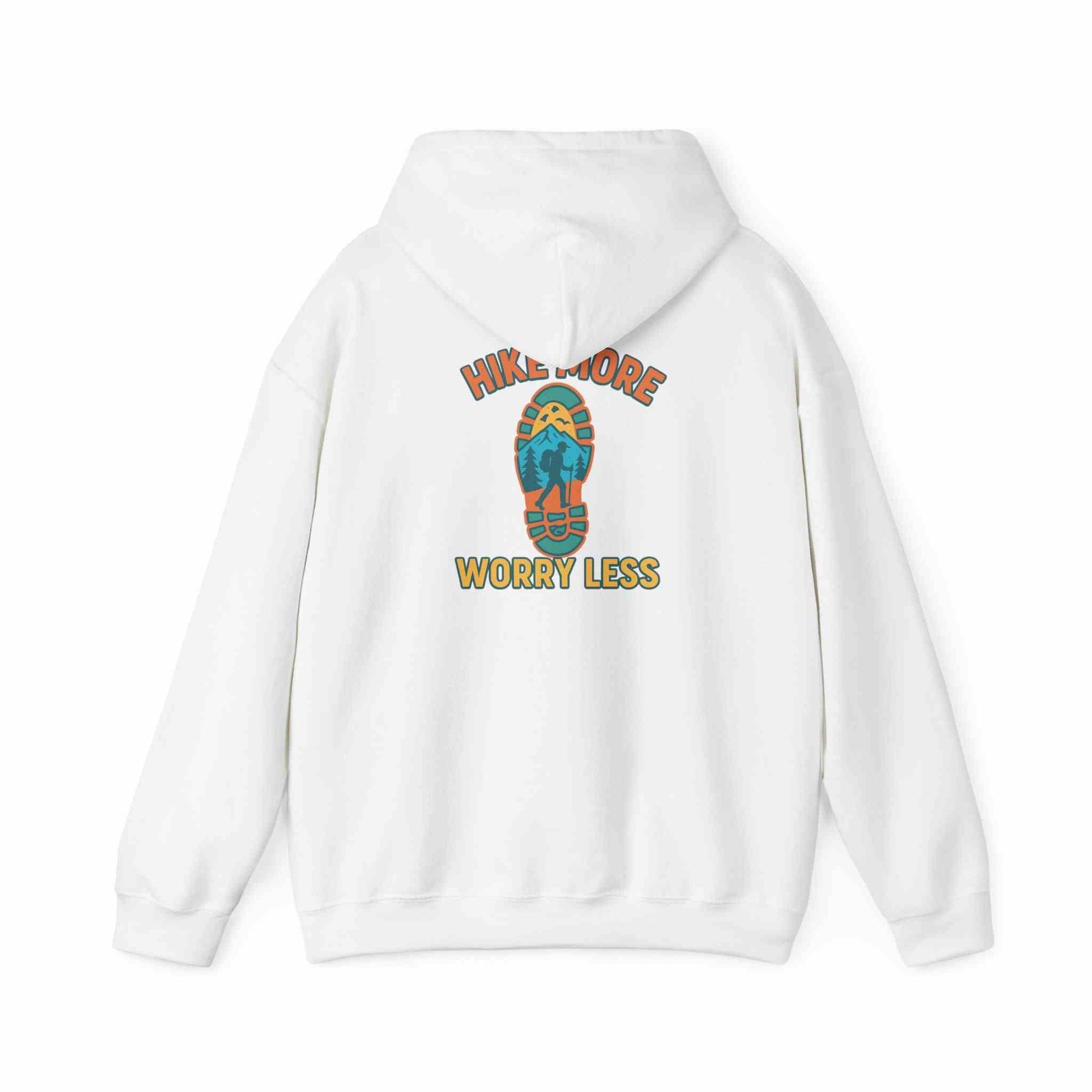 White unisex heavy blend hooded sweatshirt with "Hike More Worry Less" design and outdoor hiking boot graphic on back