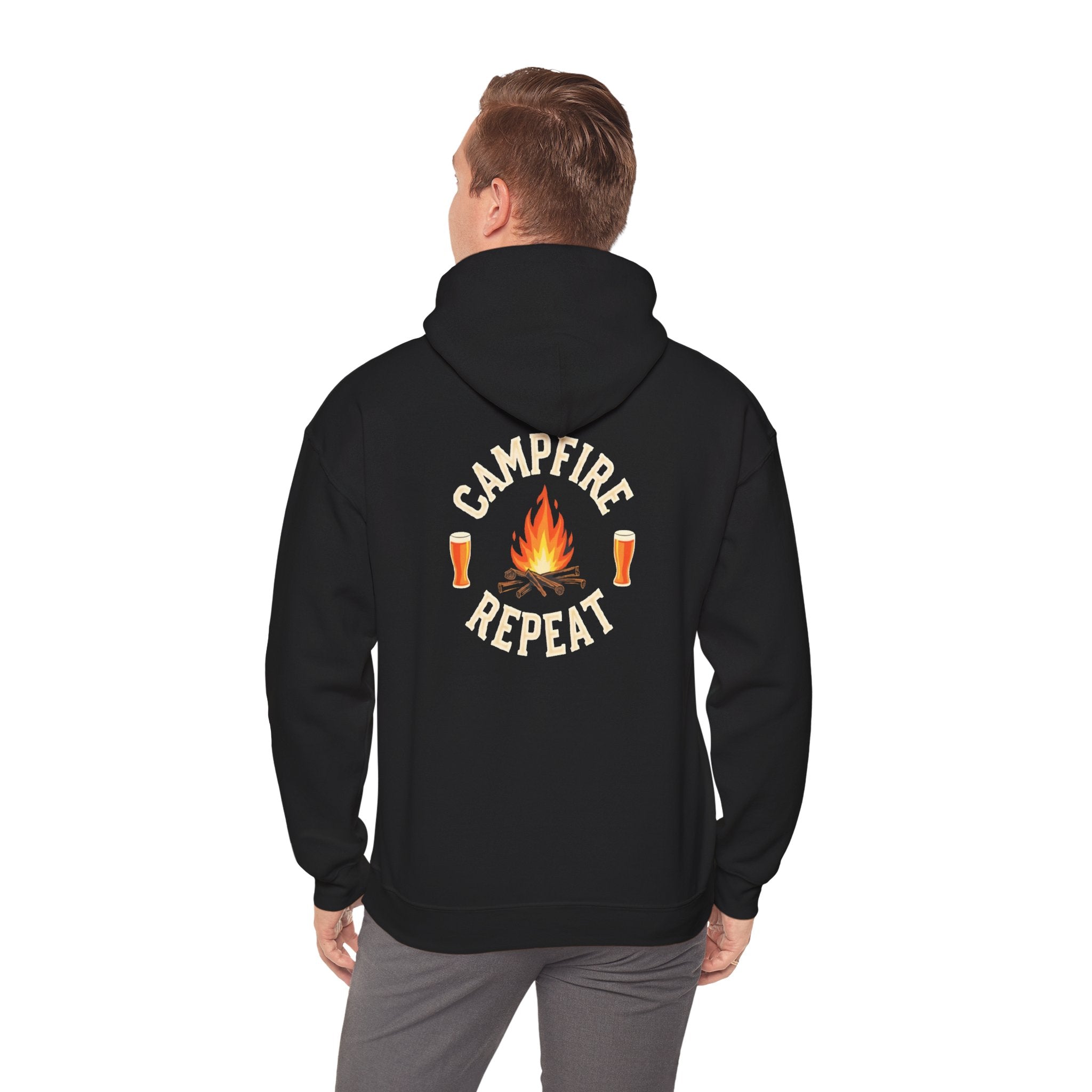Campfire Repeat Hoodie, Cozy Outdoor Sweatshirt, Unisex Pullover for Camping, Fire Pit Apparel, Gift for Adventurers