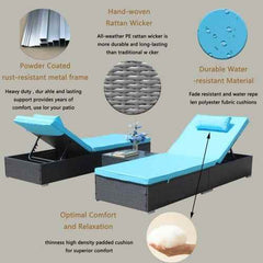 3-Piece Outdoor Patio Furniture Set Chaise Lounge, Patio Reclining Rattan Lounge Chair Chaise Couch Cushioned With Glass Coffee Table, Adjustable Back And Feet, Lounger Chair For Pool Garden, Blue - Wild Gear Fusion