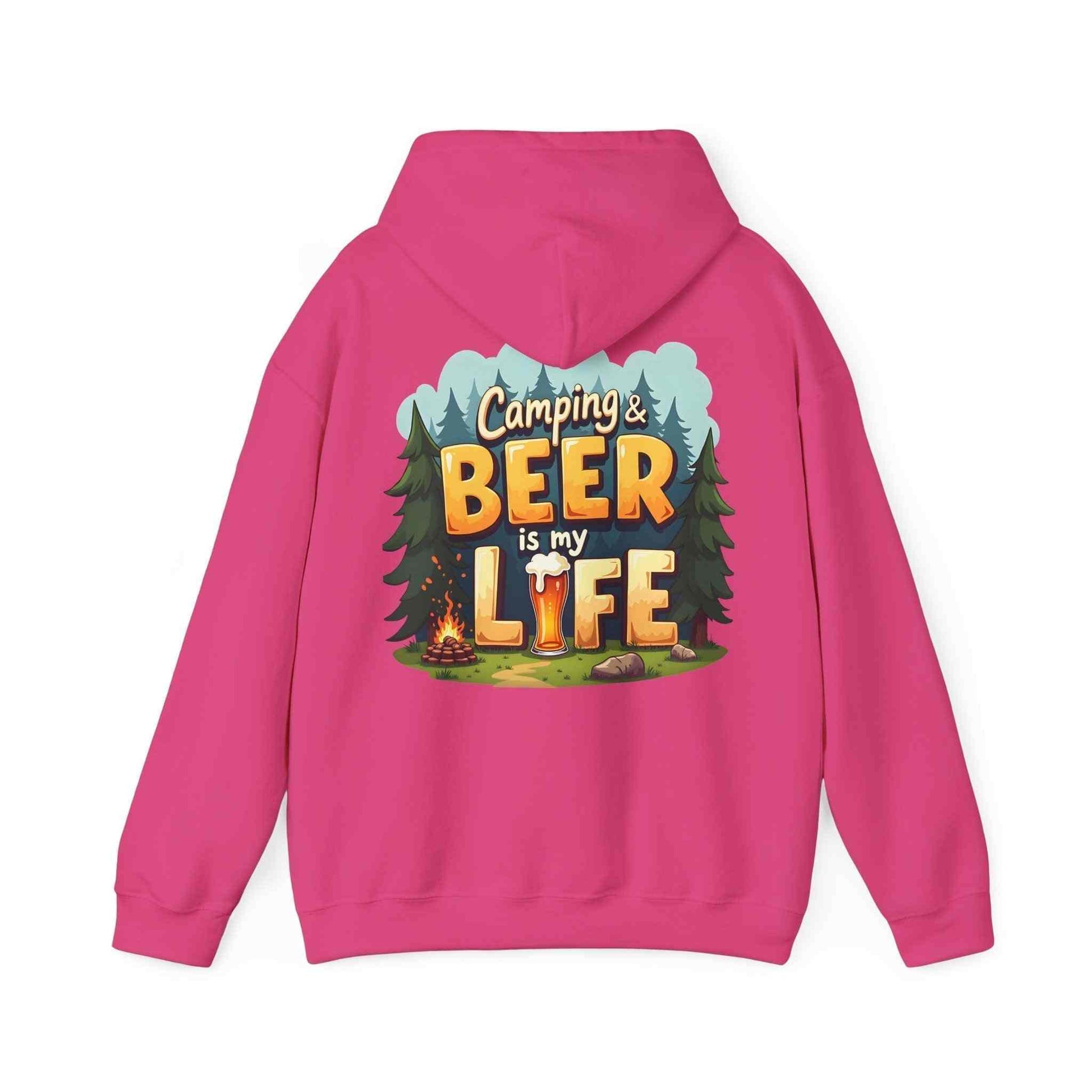 Unisex pink Beer Life Camping Hoodie with camping and beer graphic on back, cozy outdoor sweatshirt with hood and kangaroo pocket
