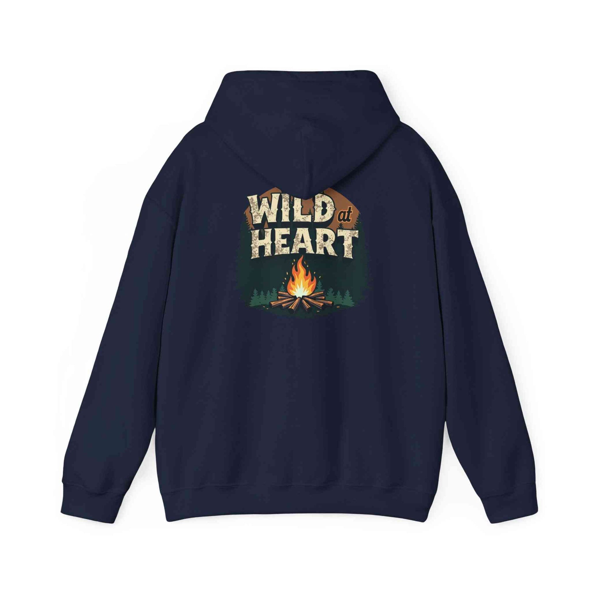 Wild Heart Unisex Hoodie navy blue with campfire graphic and outdoor theme
