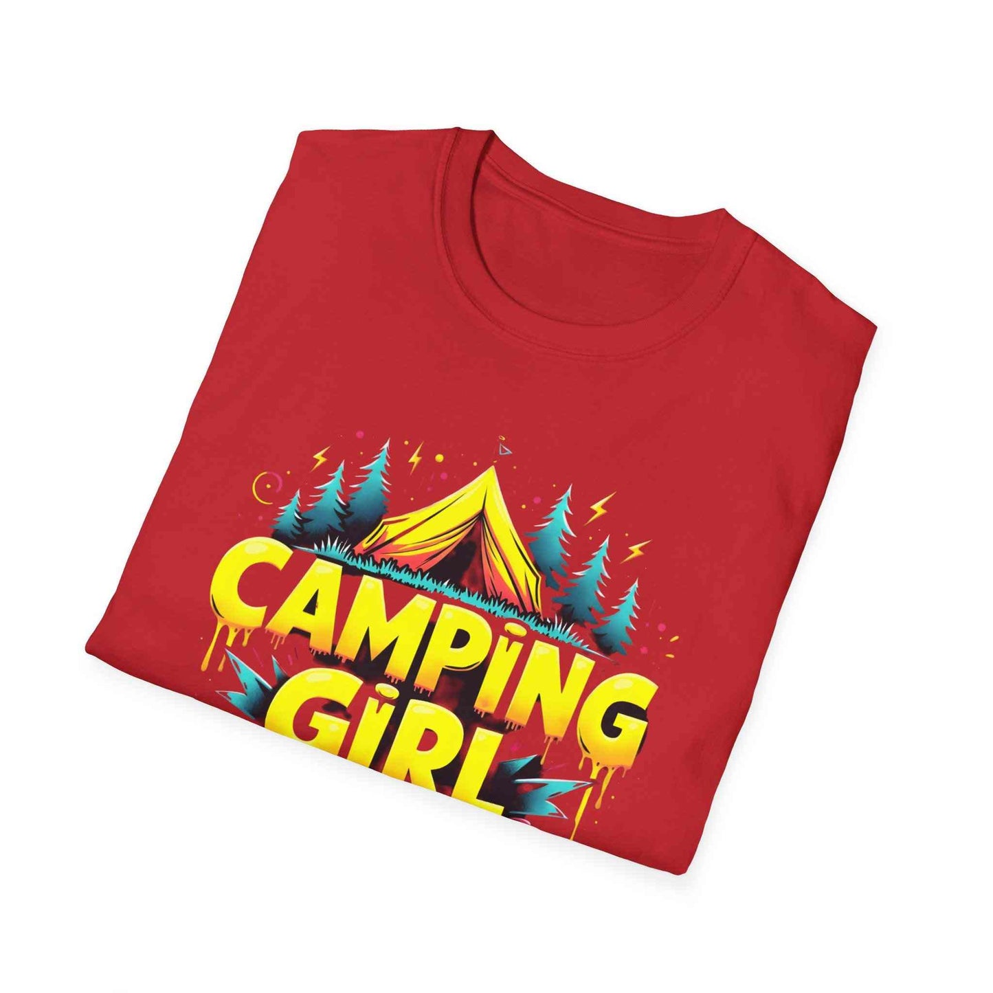 Camping Girl Unisex Softstyle T-Shirt, Outdoor Adventure Tee, Gift for Campers, Hiking Apparel, Summer Vacation Shirt