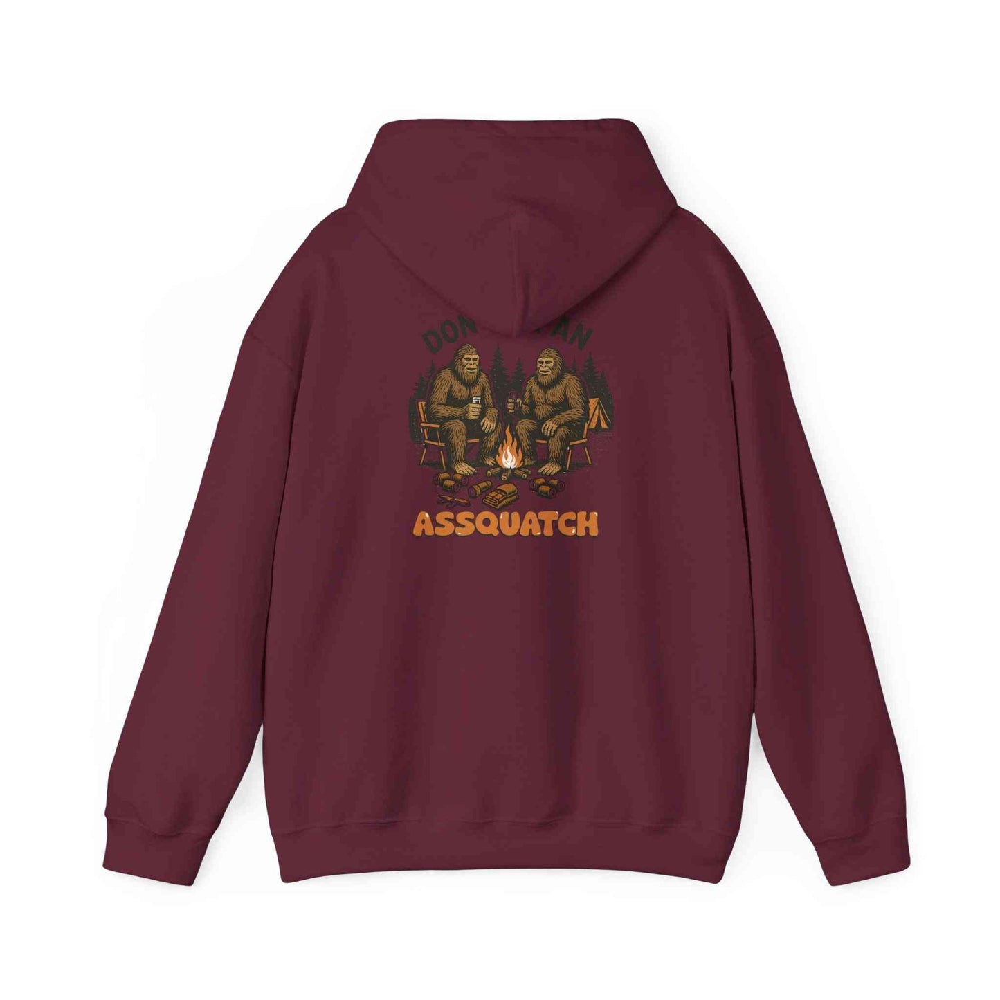 Maroon Cozy Bigfoot Hoodie with camping Sasquatch design on back, unisex outdoor sweatshirt