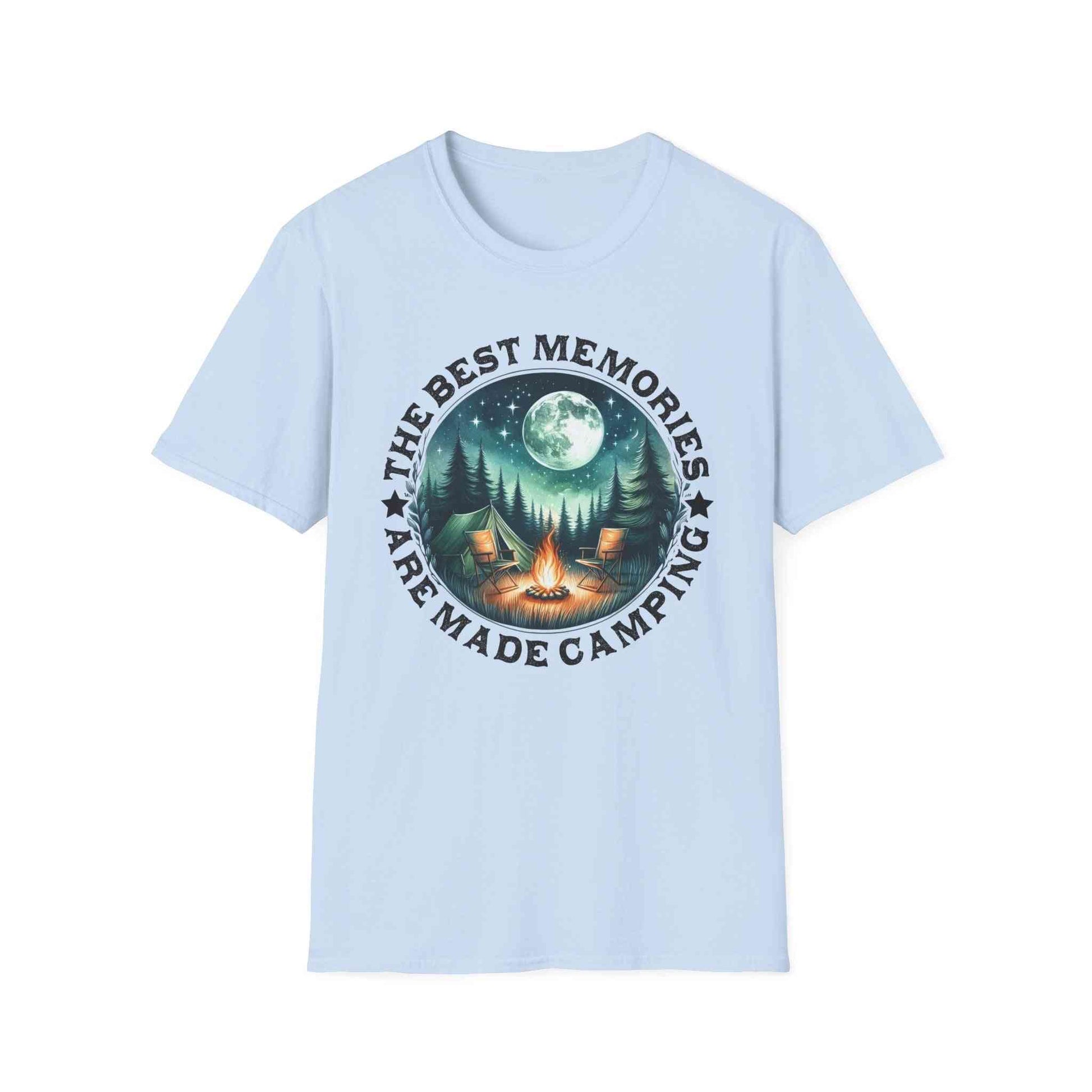 Camping Memories Unisex Softstyle T-Shirt with camping scene and campfire design on light blue outdoor tee