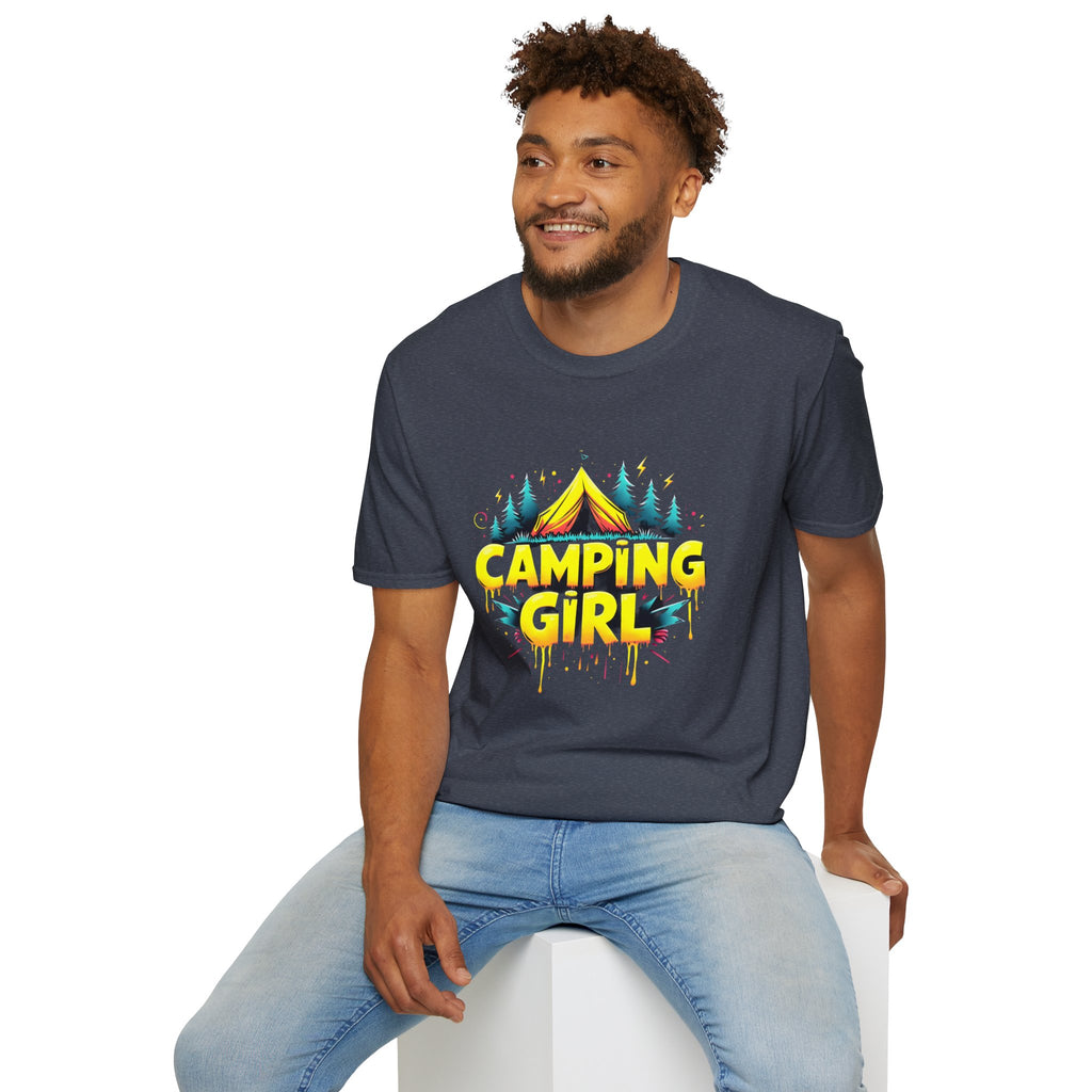 Camping Girl Unisex Softstyle T-Shirt, Outdoor Adventure Tee, Gift for Campers, Hiking Apparel, Summer Vacation Shirt