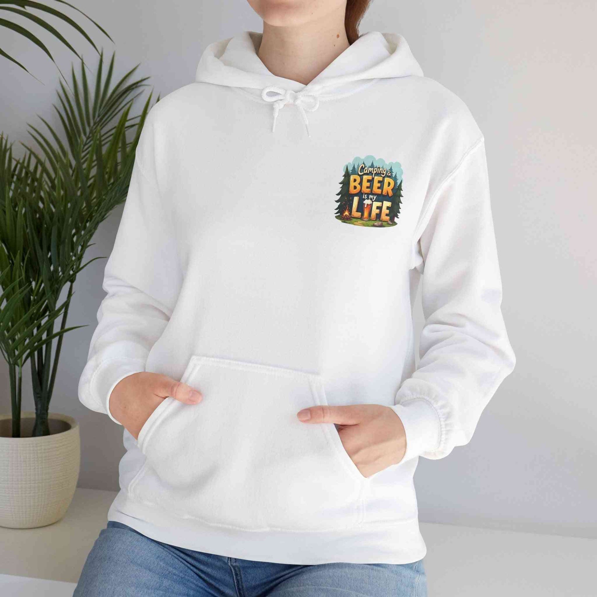 Unisex white Beer Life Camping Hoodie with kangaroo pocket and adjustable hood, cozy outdoor sweatshirt for beer lovers and campers