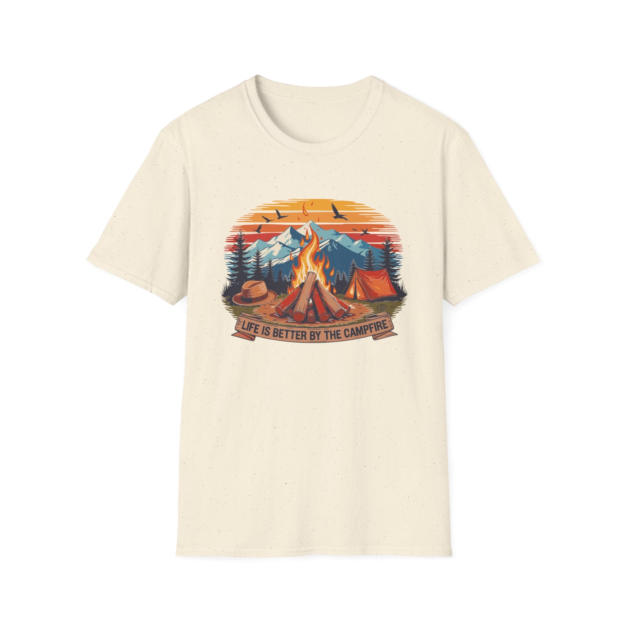 Campfire Vibes Unisex Softstyle T-Shirt, Outdoor Lovers Tee, Adventure Gift, Camping Apparel, Summer Festivals, Nature Enthusiast