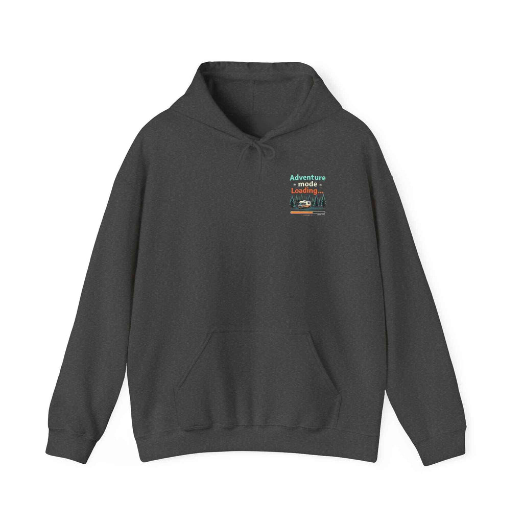 Unisex dark gray Adventure Mode Sweatshirt hoodie with front pocket and outdoor camping graphic design