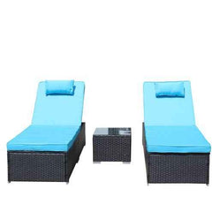 3-Piece Outdoor Patio Furniture Set Chaise Lounge, Patio Reclining Rattan Lounge Chair Chaise Couch Cushioned With Glass Coffee Table, Adjustable Back And Feet, Lounger Chair For Pool Garden, Blue - Wild Gear Fusion