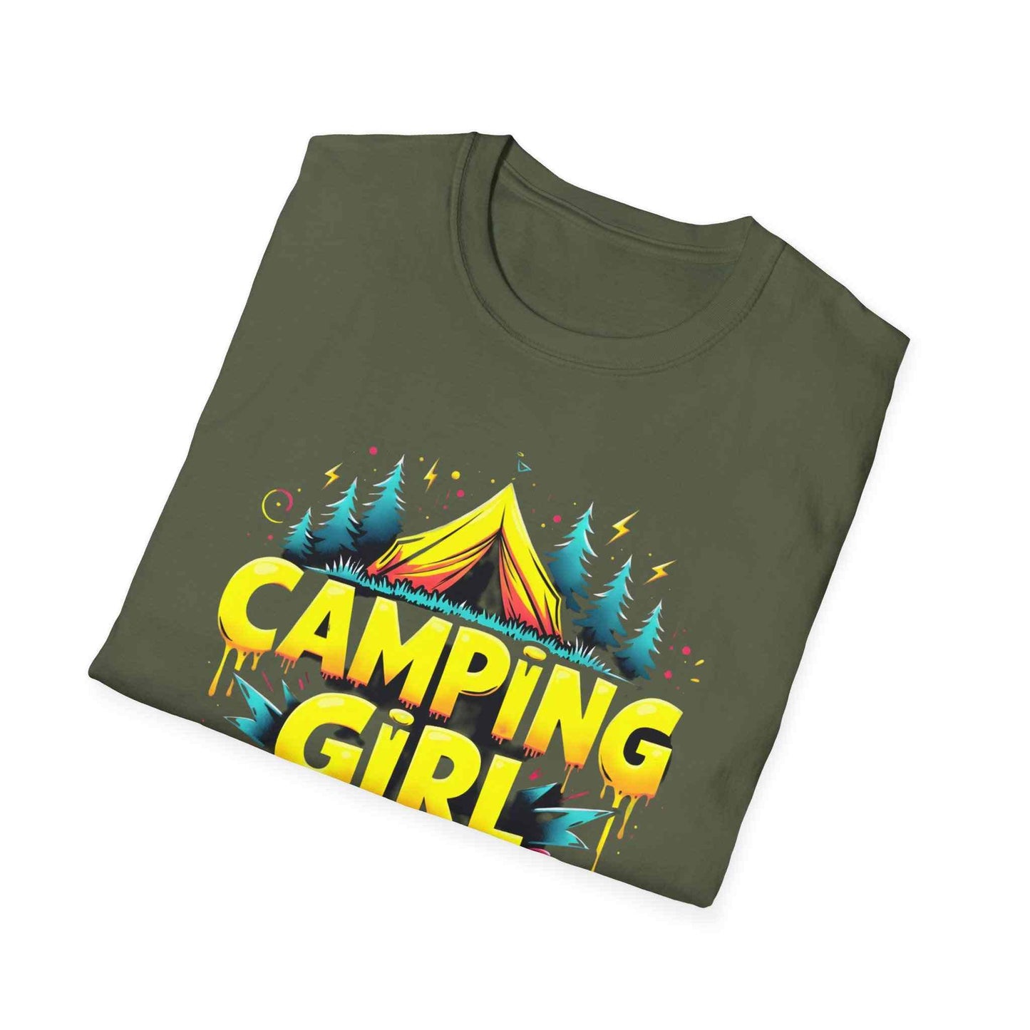 Camping Girl Unisex Softstyle T-Shirt, Outdoor Adventure Tee, Gift for Campers, Hiking Apparel, Summer Vacation Shirt
