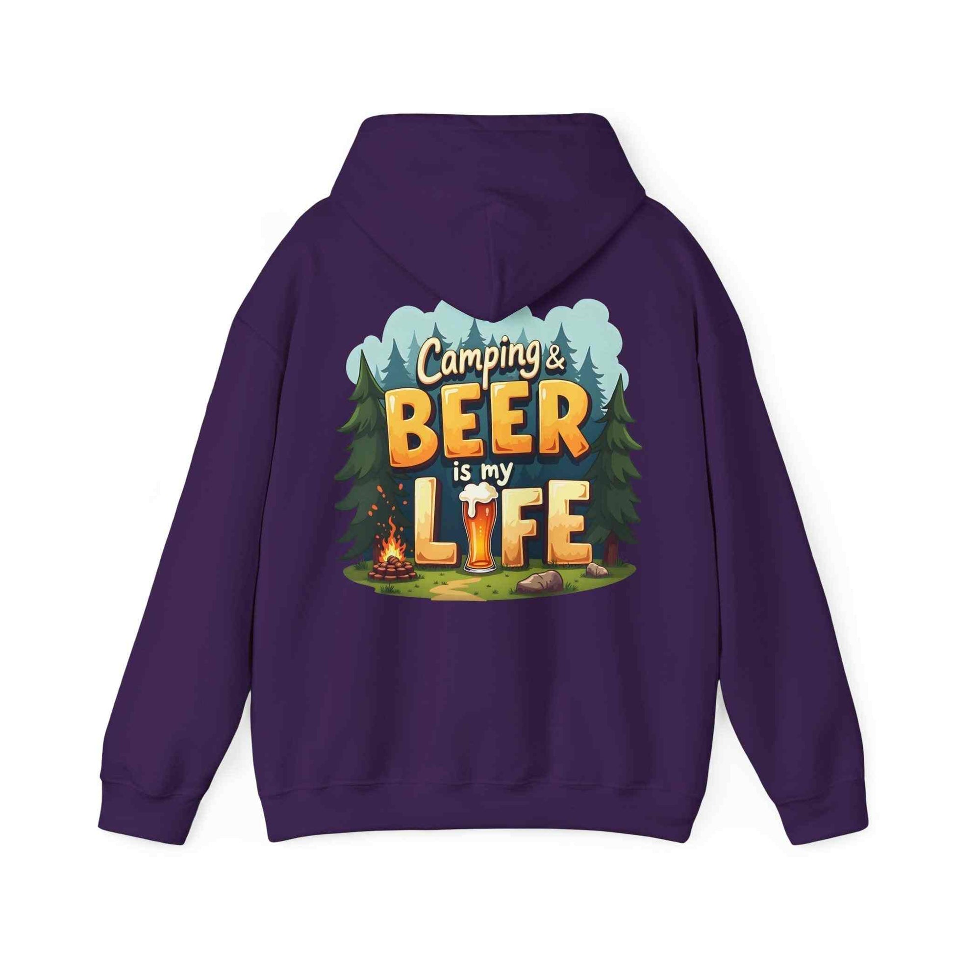 Unisex purple Beer Life Camping Hoodie with camping and beer graphic design on back, heavy blend sweatshirt for outdoor and casual wear