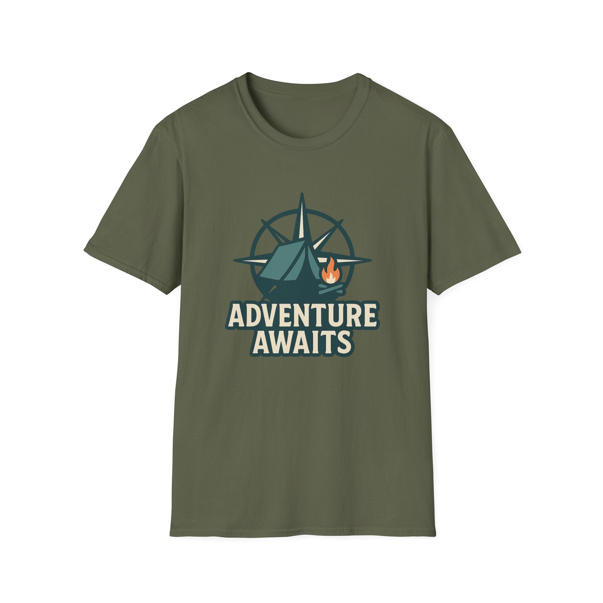 Adventure Awaits Unisex Softstyle T-Shirt, Camping Shirt, Hiking Tee, Outdoor Enthusiast Gift, Adventure Lover Apparel, Travel T-Shirt