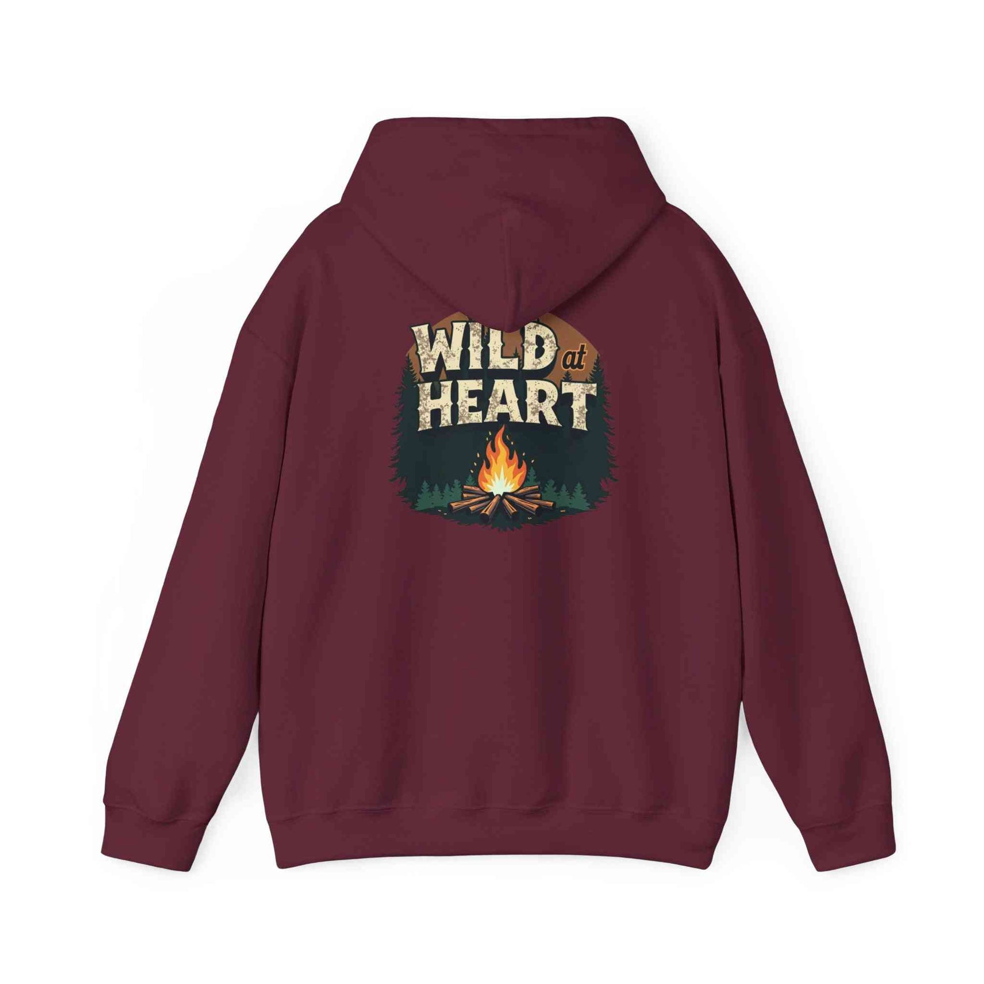 Maroon Wild Heart Unisex Hoodie with campfire and forest graphic on back, cozy camping sweatshirt