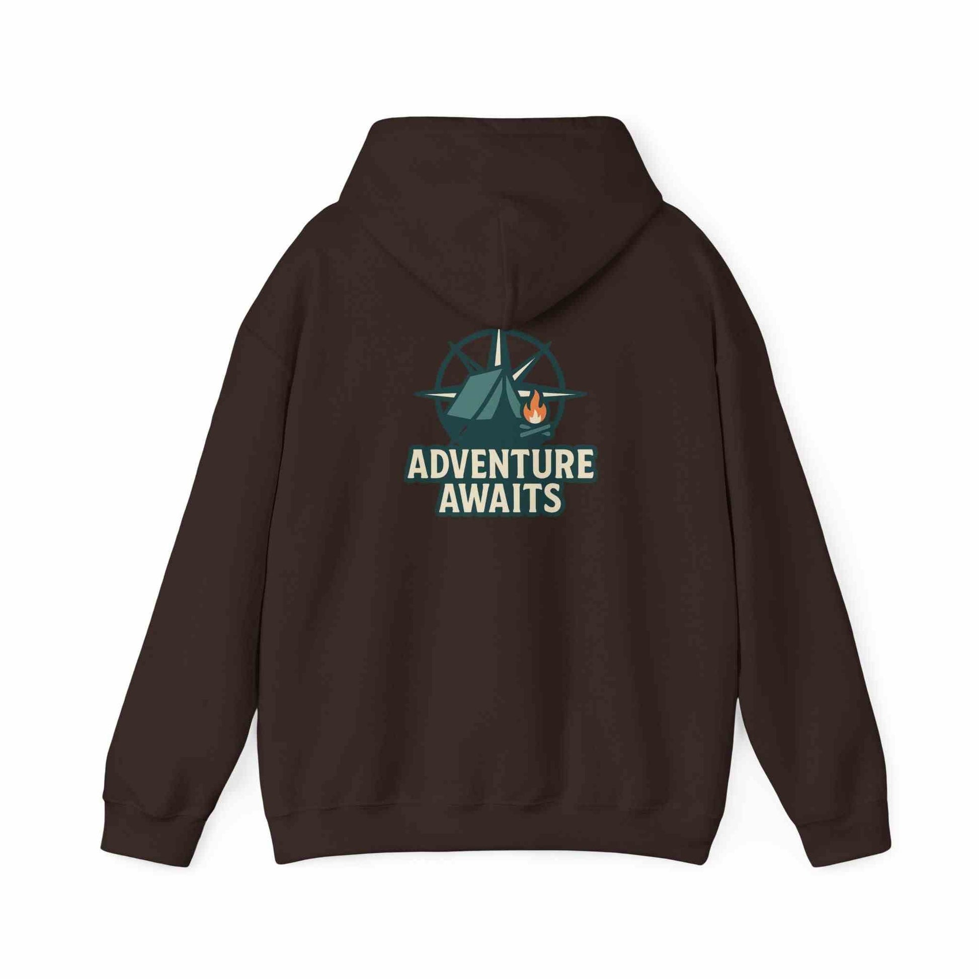 Adventure Awaits Unisex Hoodie with camping graphic and text on back in dark brown color