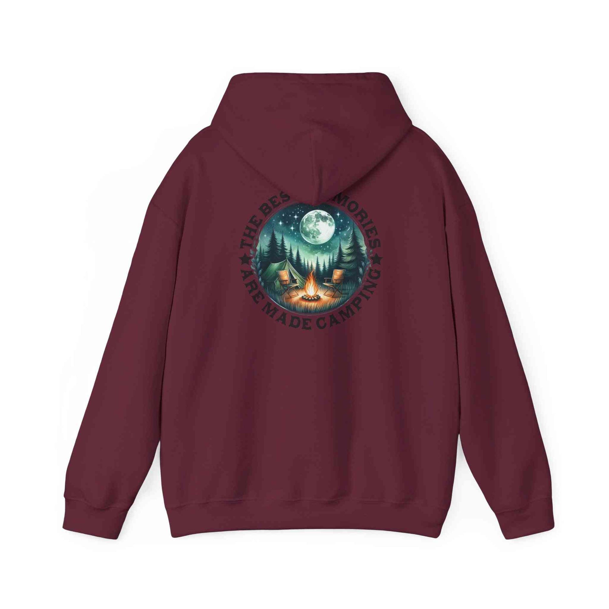 Maroon unisex camping adventure sweatshirt with graphic of tents and campfire under full moon