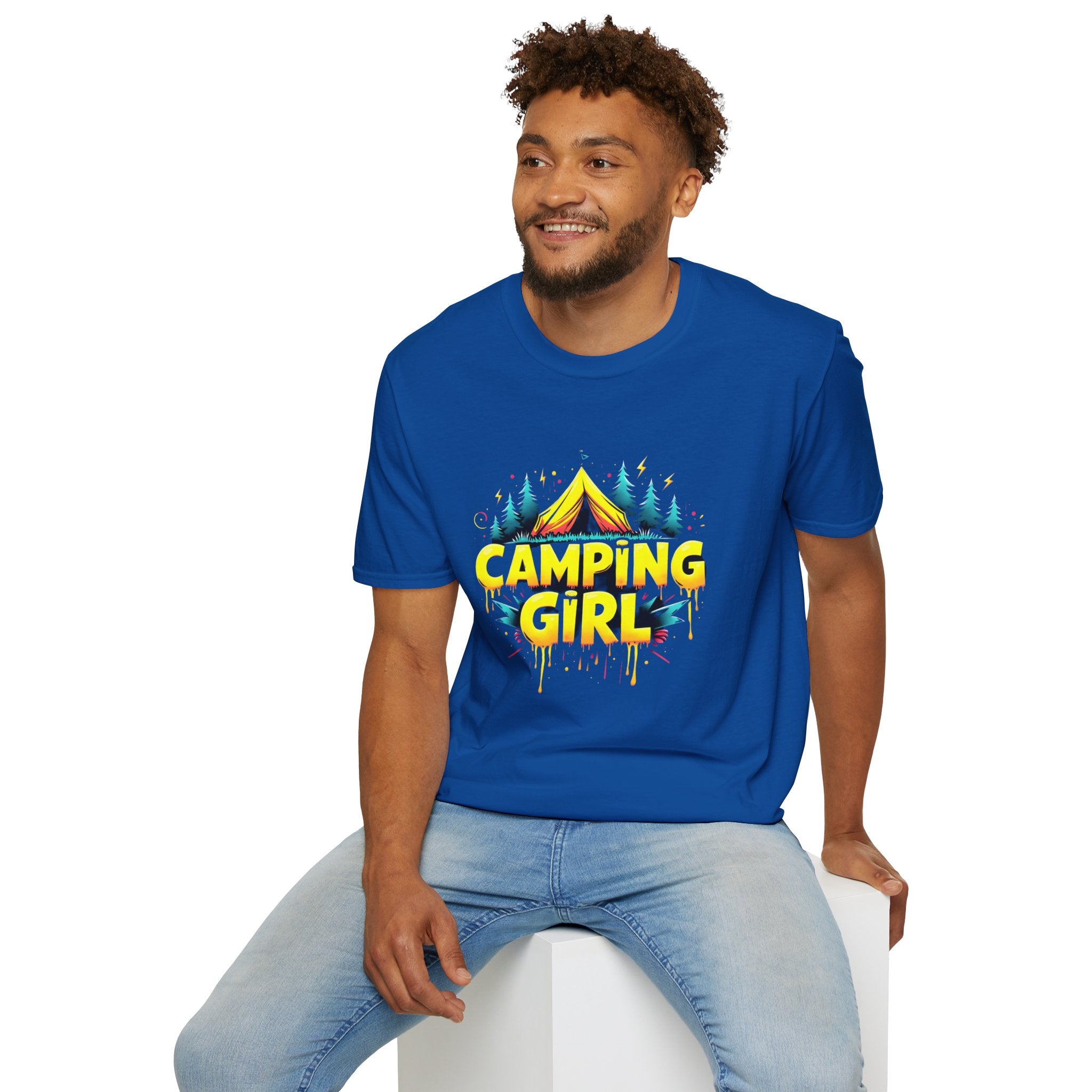 Camping Girl Unisex Softstyle T-Shirt, Outdoor Adventure Tee, Gift for Campers, Hiking Apparel, Summer Vacation Shirt