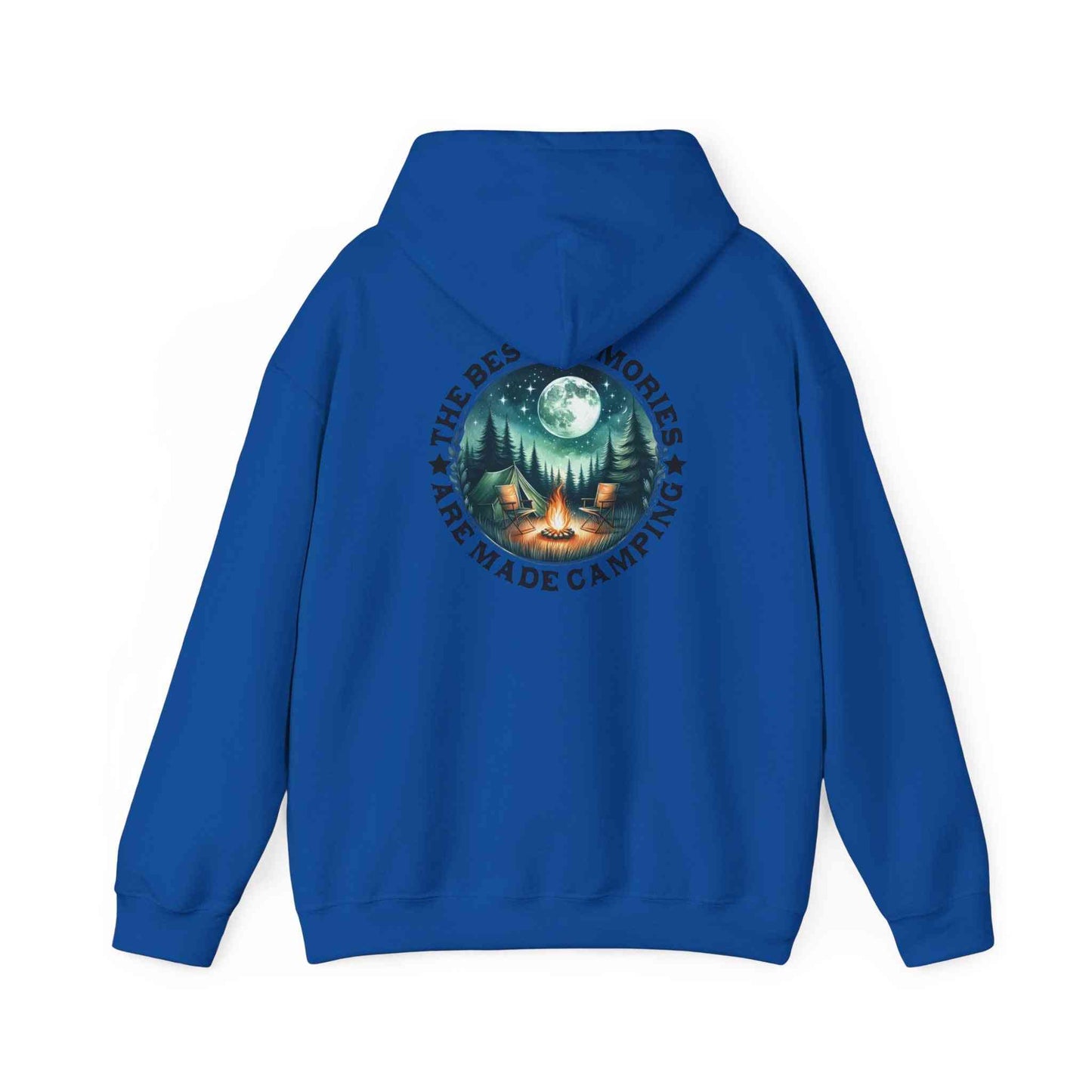 Blue unisex sweatshirt with camping adventure design and cozy pullover style