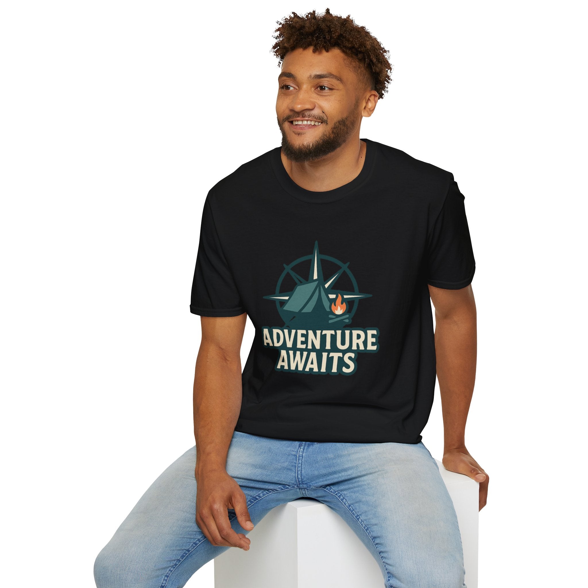 Adventure Awaits Unisex Softstyle T-Shirt, Camping Shirt, Hiking Tee, Outdoor Enthusiast Gift, Adventure Lover Apparel, Travel T-Shirt