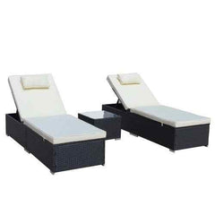 3-Piece Outdoor Patio Furniture Set Chaise Lounge, Patio Reclining Rattan Lounge Chair Chaise Couch Cushioned With Glass Coffee Table, Adjustable Back And Feet, Lounger Chair For Pool Garden, Beige - Wild Gear Fusion