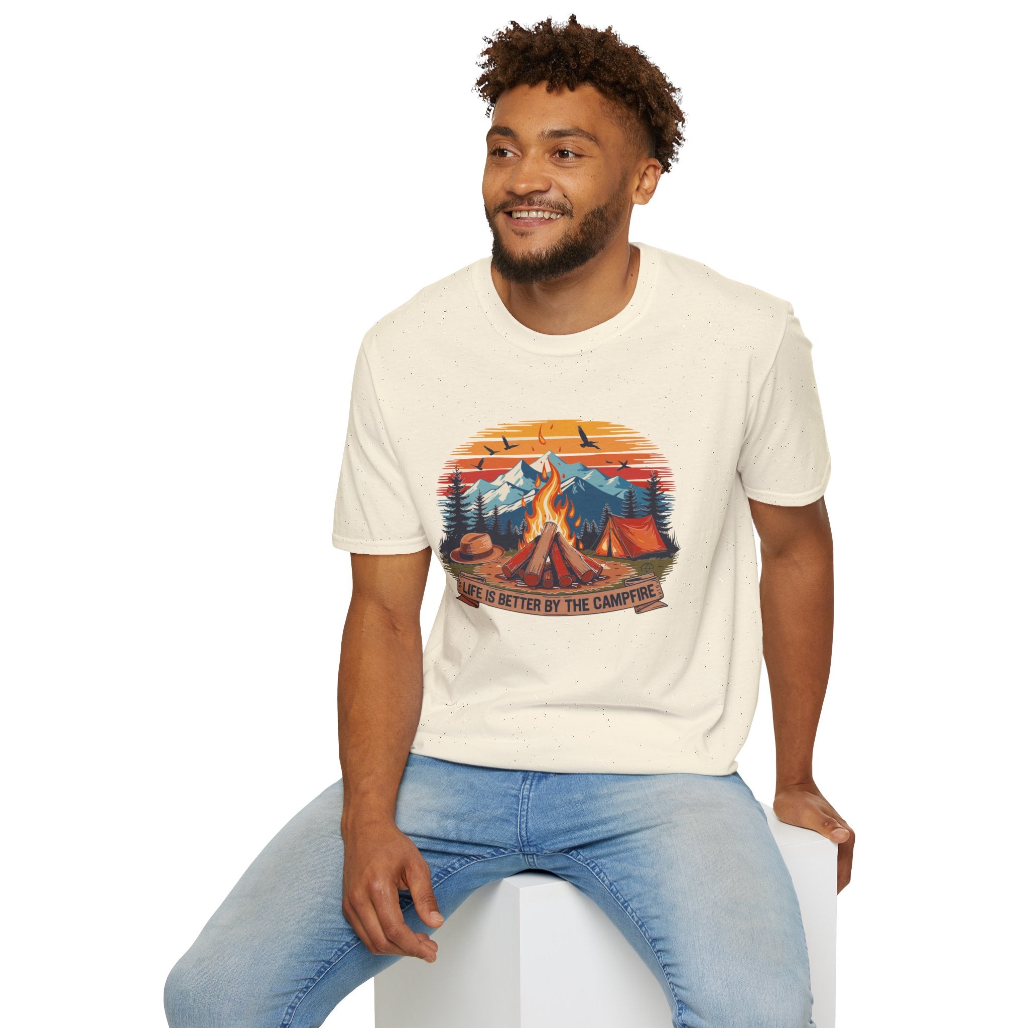 Campfire Vibes Unisex Softstyle T-Shirt, Outdoor Lovers Tee, Adventure Gift, Camping Apparel, Summer Festivals, Nature Enthusiast