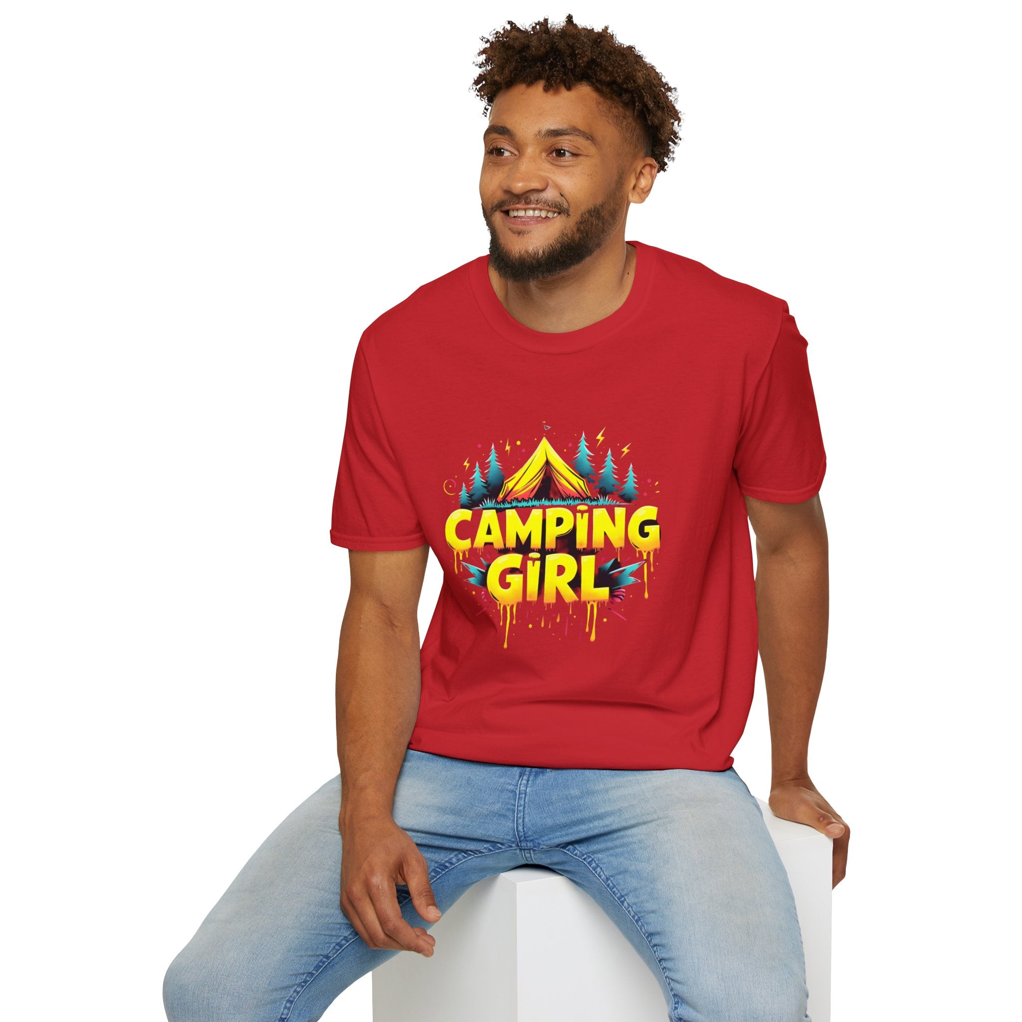 Camping Girl Unisex Softstyle T-Shirt, Outdoor Adventure Tee, Gift for Campers, Hiking Apparel, Summer Vacation Shirt