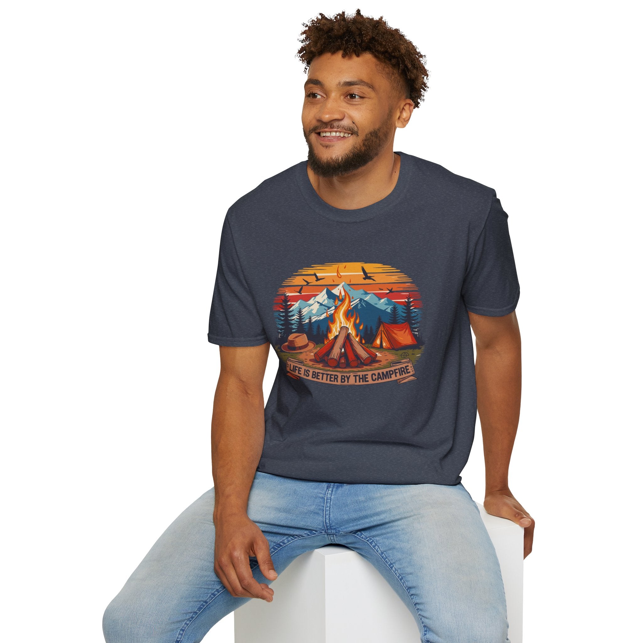 Campfire Vibes Unisex Softstyle T-Shirt, Outdoor Lovers Tee, Adventure Gift, Camping Apparel, Summer Festivals, Nature Enthusiast