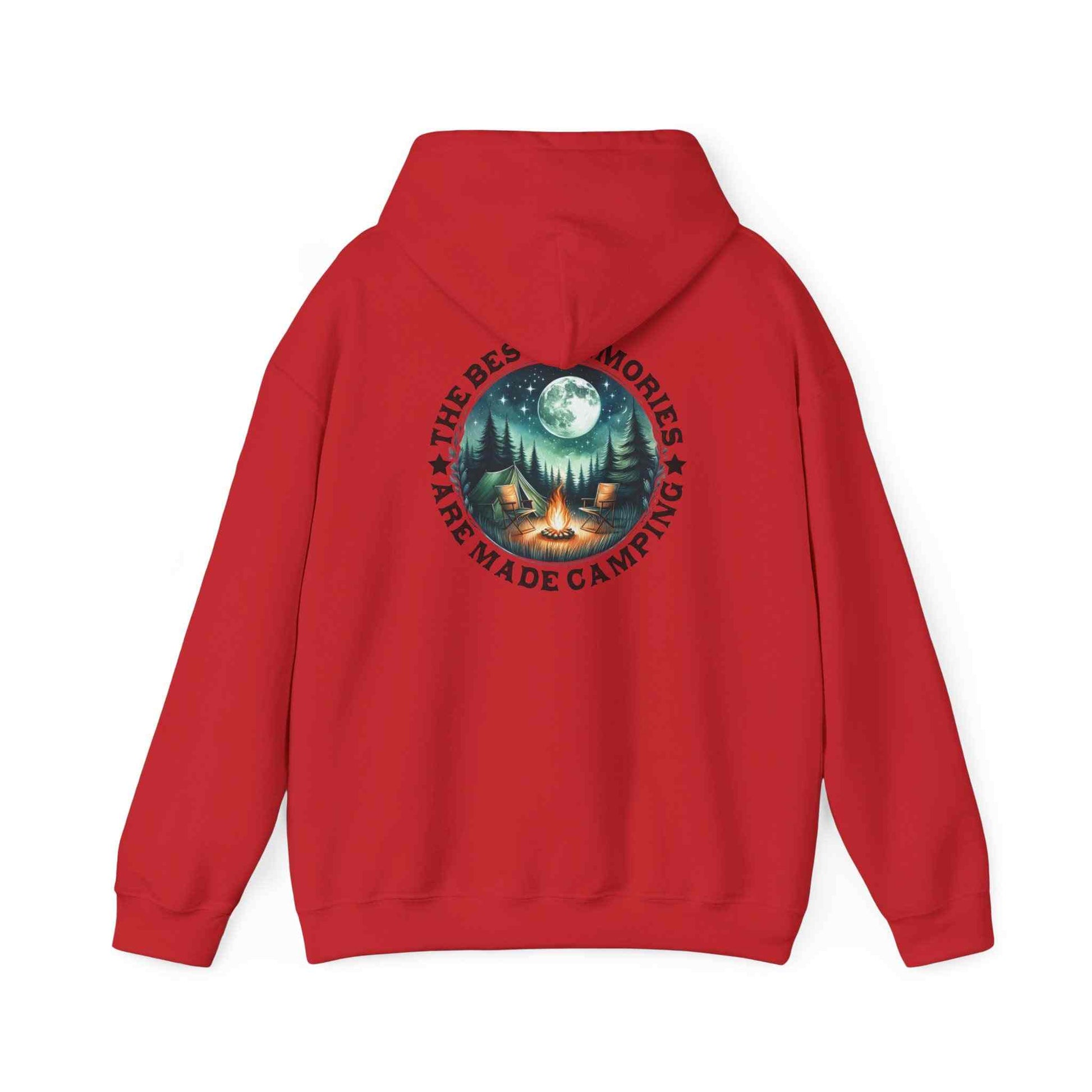 Red unisex camping adventure sweatshirt with cozy pullover design and forest campfire graphic on back