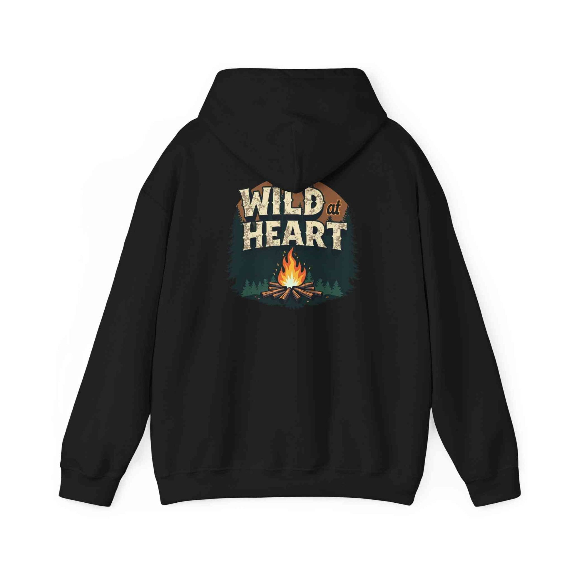Black Wild Heart unisex hoodie with campfire graphic for cozy outdoor wear