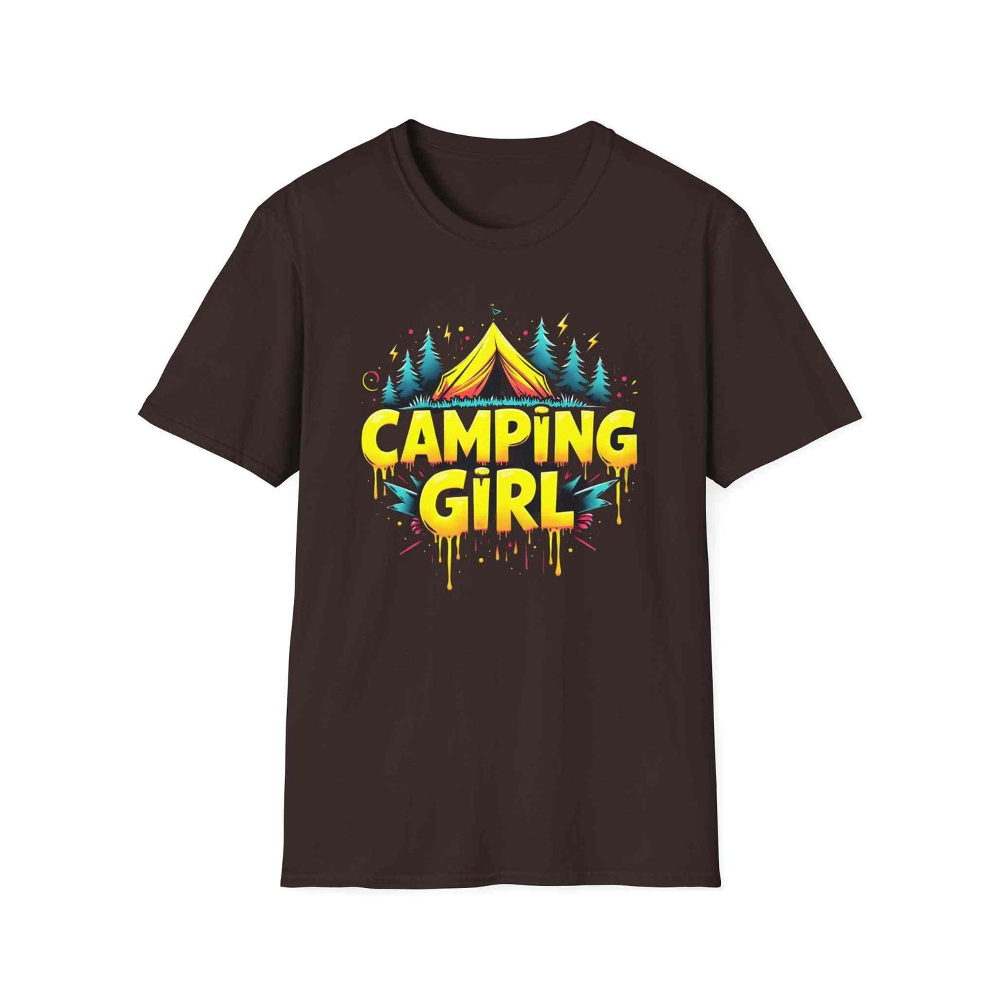Camping Girl Unisex Softstyle T-Shirt, Outdoor Adventure Tee, Gift for Campers, Hiking Apparel, Summer Vacation Shirt