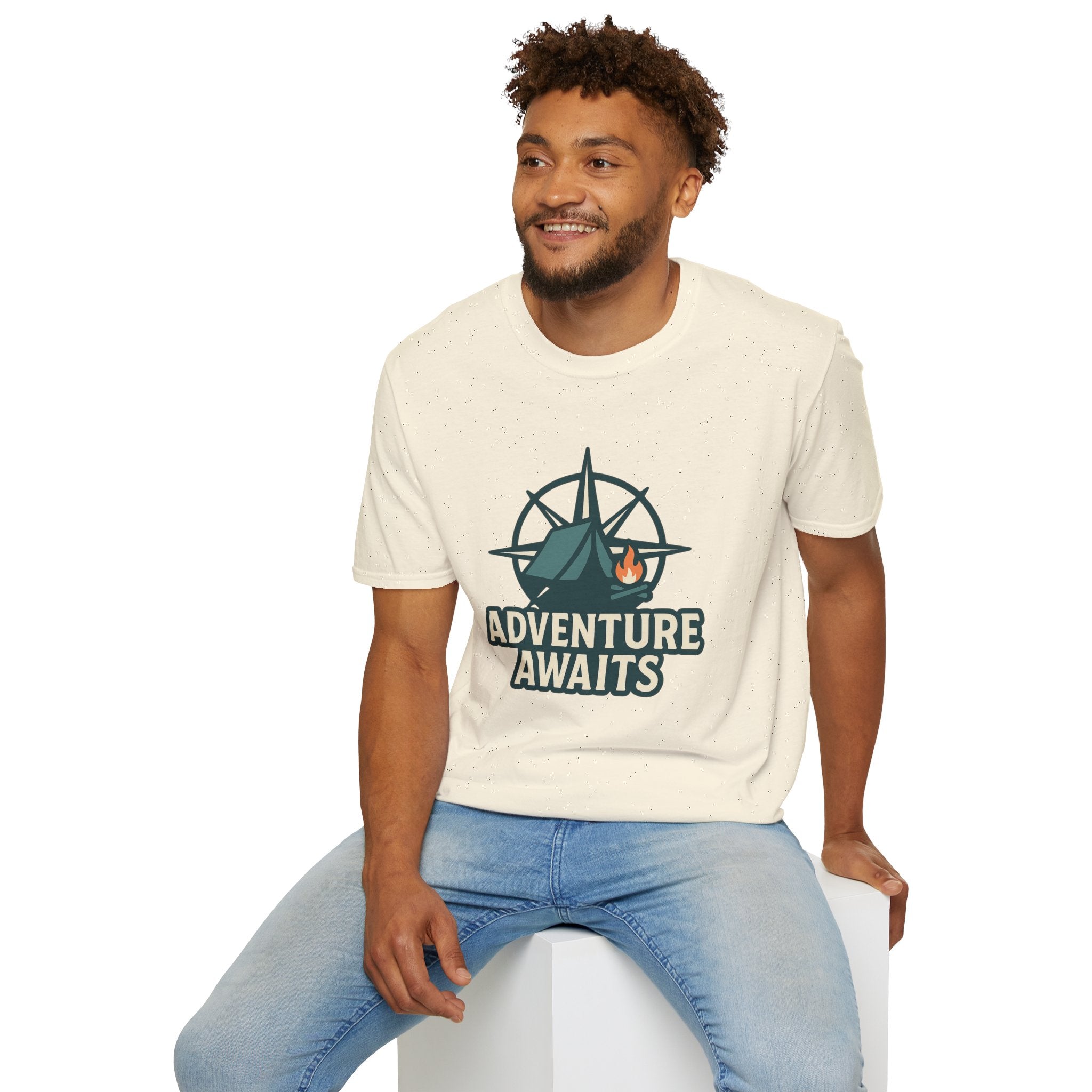 Adventure Awaits Unisex Softstyle T-Shirt, Camping Shirt, Hiking Tee, Outdoor Enthusiast Gift, Adventure Lover Apparel, Travel T-Shirt