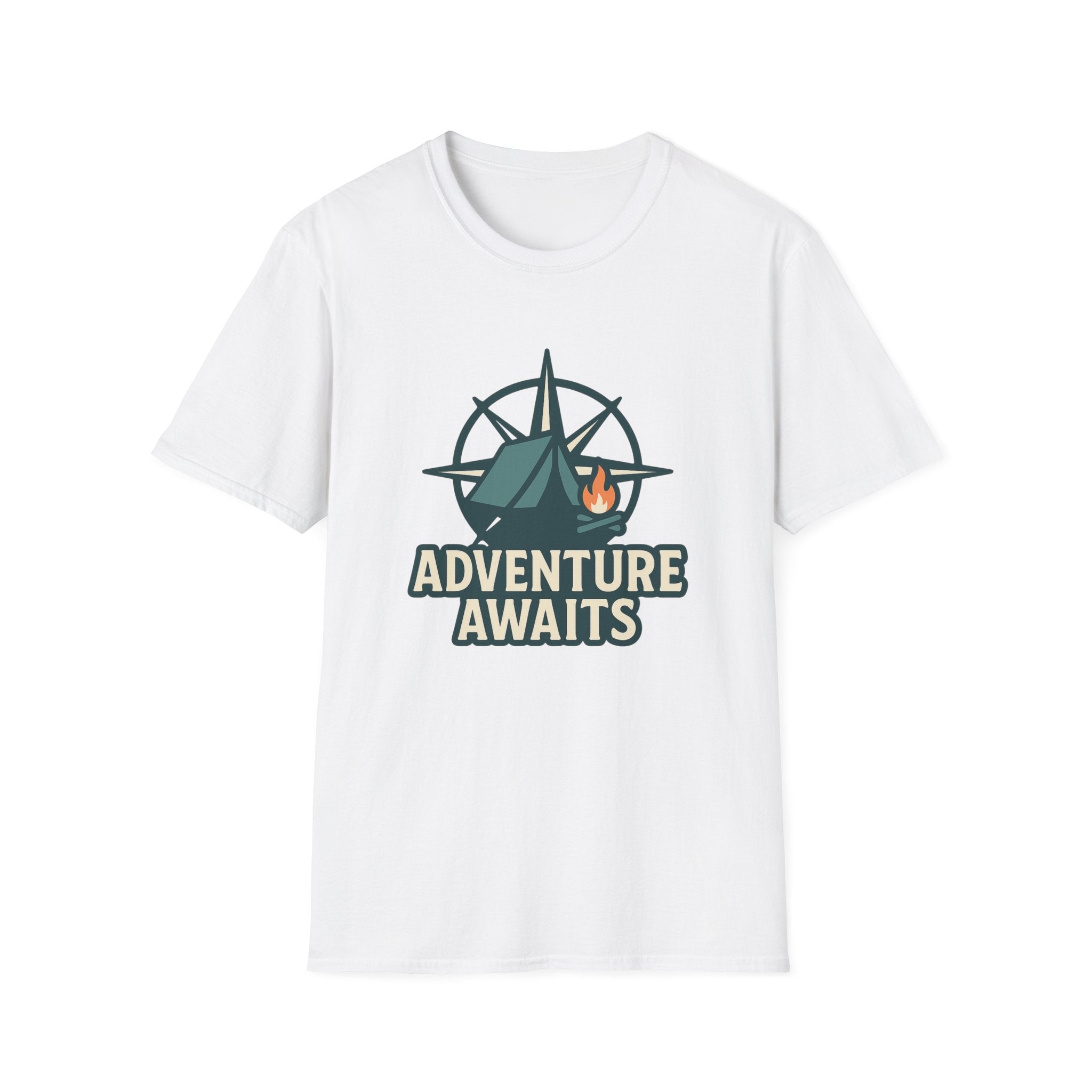Adventure Awaits Unisex Softstyle T-Shirt, Camping Shirt, Hiking Tee, Outdoor Enthusiast Gift, Adventure Lover Apparel, Travel T-Shirt