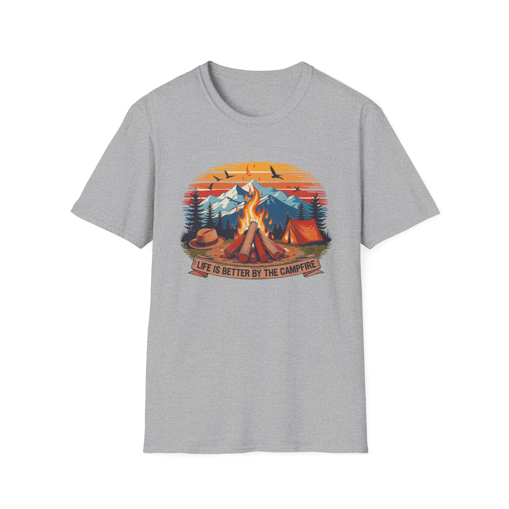 Campfire Vibes Unisex Softstyle T-Shirt, Outdoor Lovers Tee, Adventure Gift, Camping Apparel, Summer Festivals, Nature Enthusiast