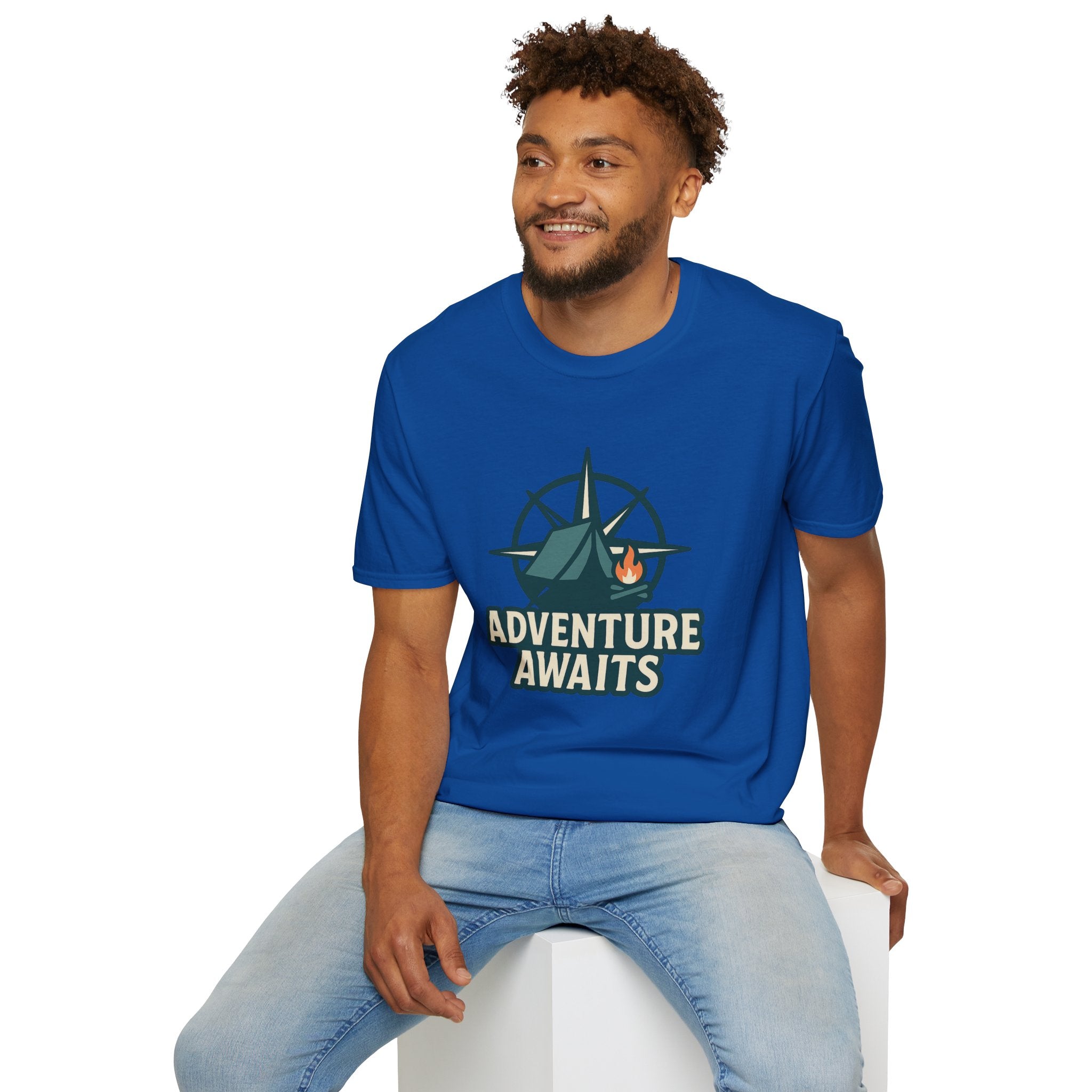 Adventure Awaits Unisex Softstyle T-Shirt, Camping Shirt, Hiking Tee, Outdoor Enthusiast Gift, Adventure Lover Apparel, Travel T-Shirt