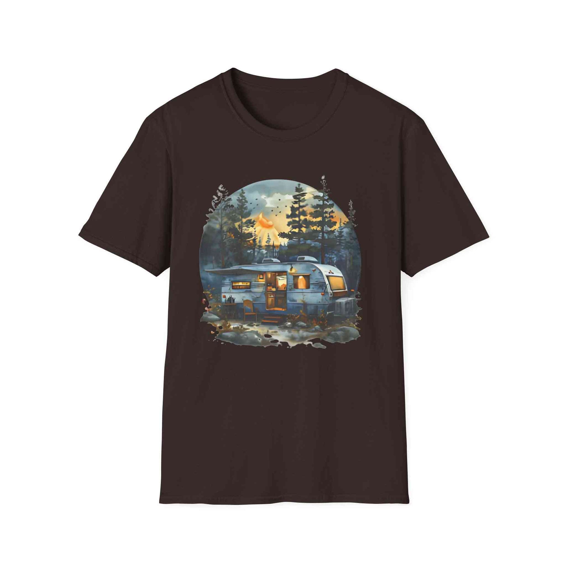 Cozy Camper Unisex Softstyle T-Shirt with camper trailer and nature scene print in dark brown