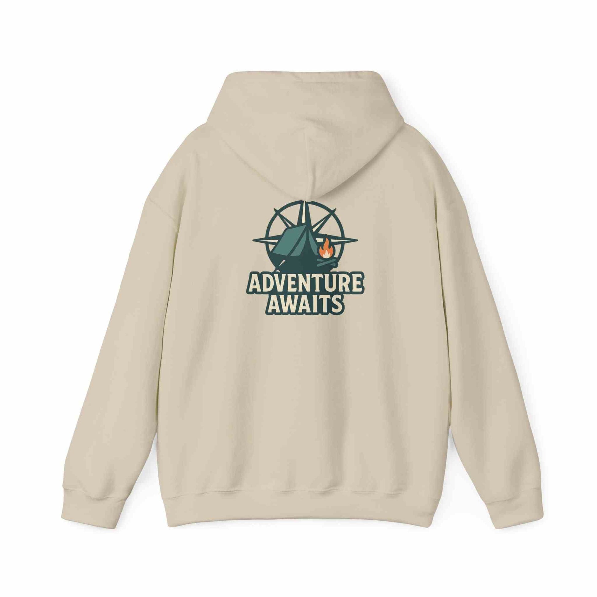 Beige unisex hoodie with "Adventure Awaits" camping graphic on back, casual travel and outdoor wear