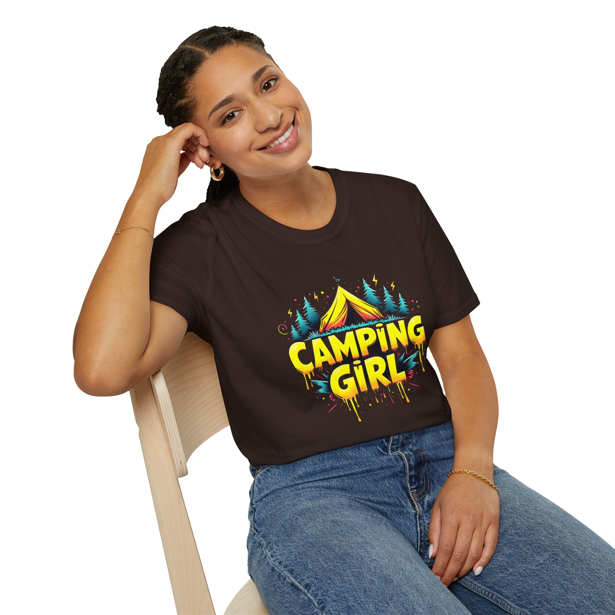 Camping Girl Unisex Softstyle T-Shirt, Outdoor Adventure Tee, Gift for Campers, Hiking Apparel, Summer Vacation Shirt