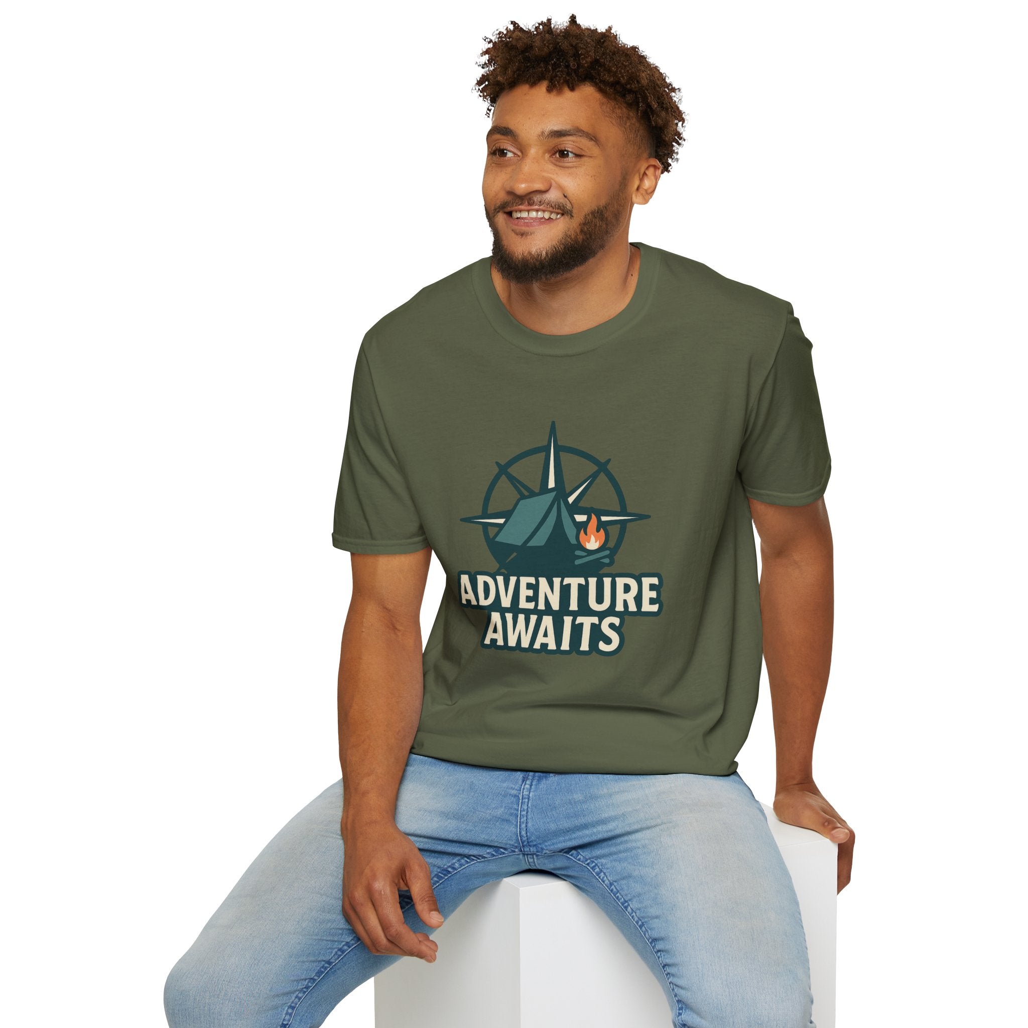 Adventure Awaits Unisex Softstyle T-Shirt, Camping Shirt, Hiking Tee, Outdoor Enthusiast Gift, Adventure Lover Apparel, Travel T-Shirt