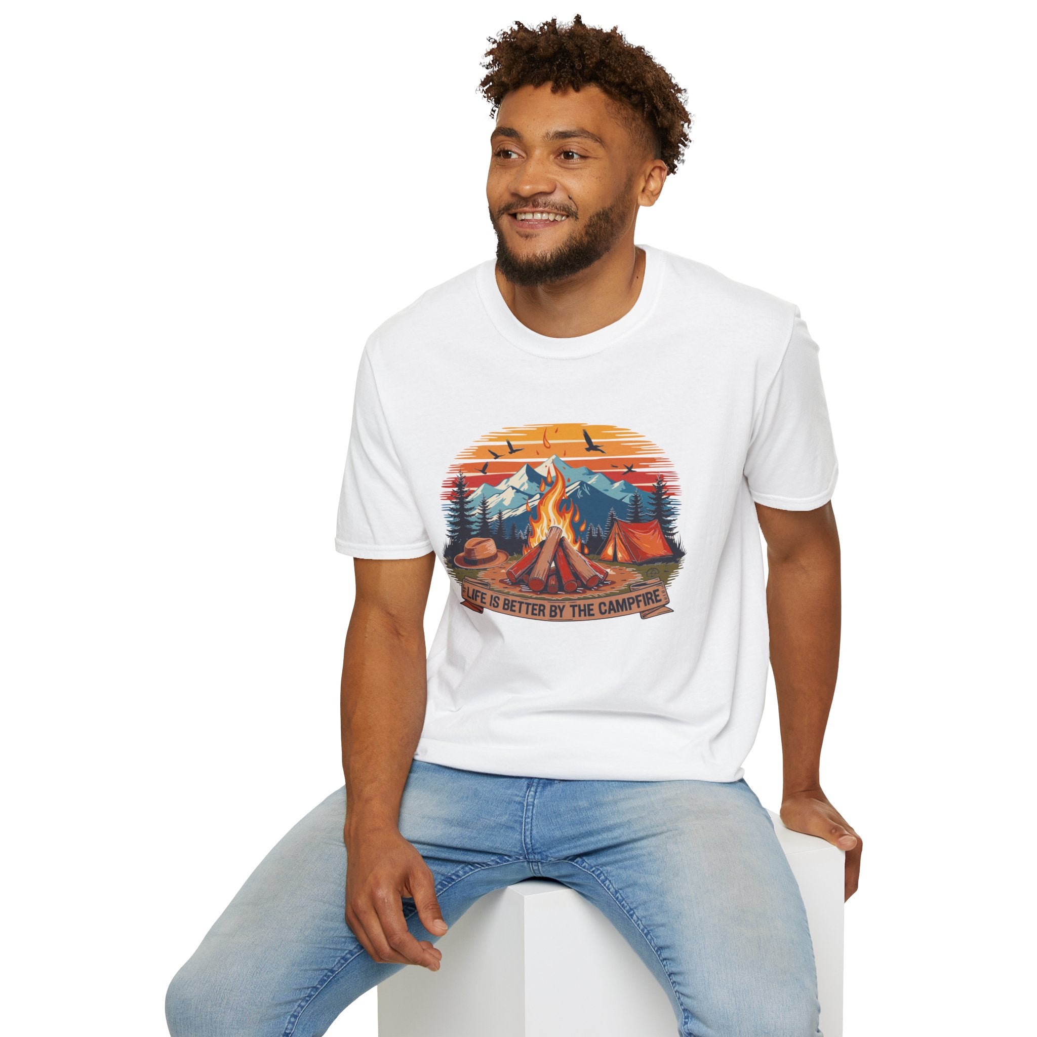 Campfire Vibes Unisex Softstyle T-Shirt, Outdoor Lovers Tee, Adventure Gift, Camping Apparel, Summer Festivals, Nature Enthusiast