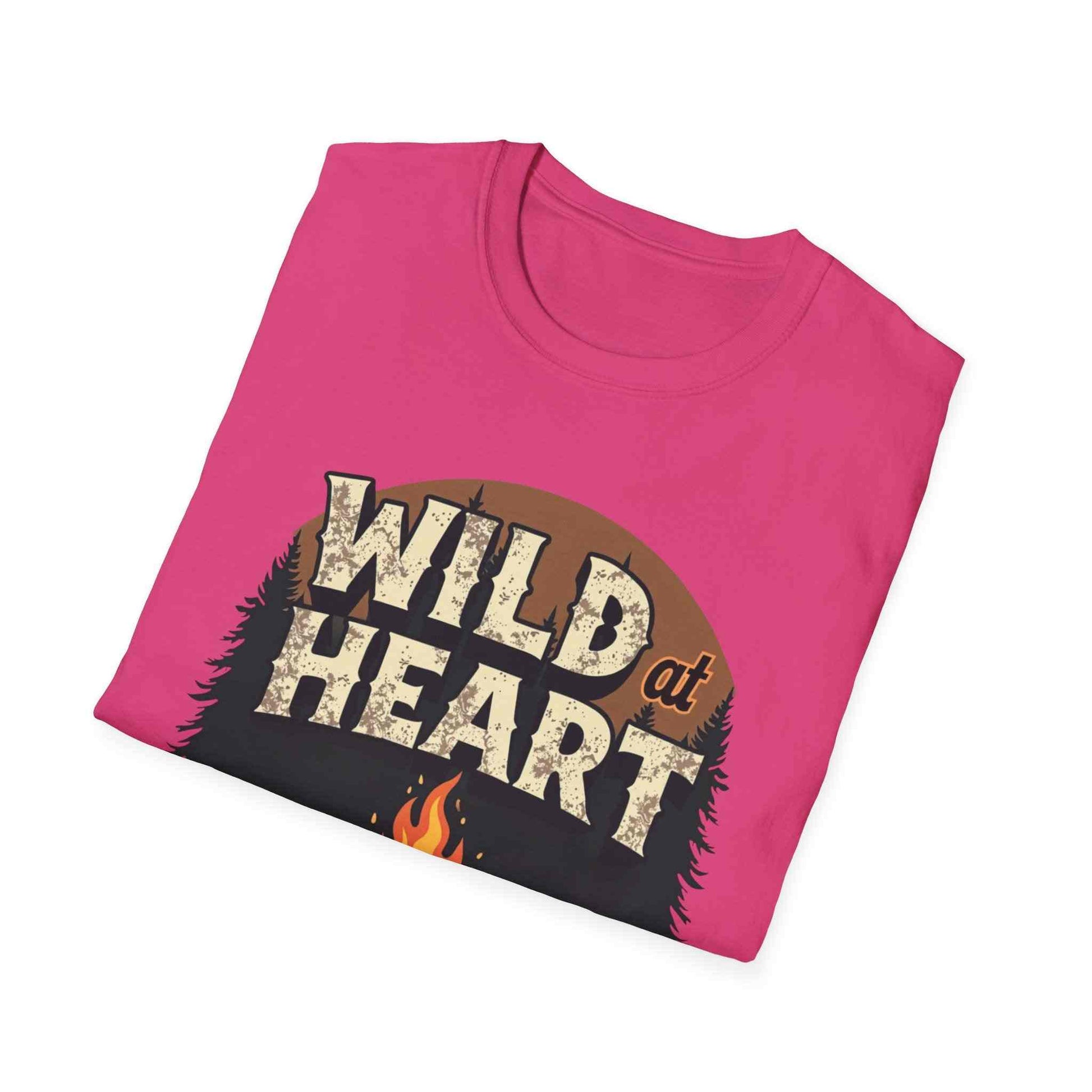 Wild at Heart Camping T-Shirt with outdoor adventure graphic on pink fabric