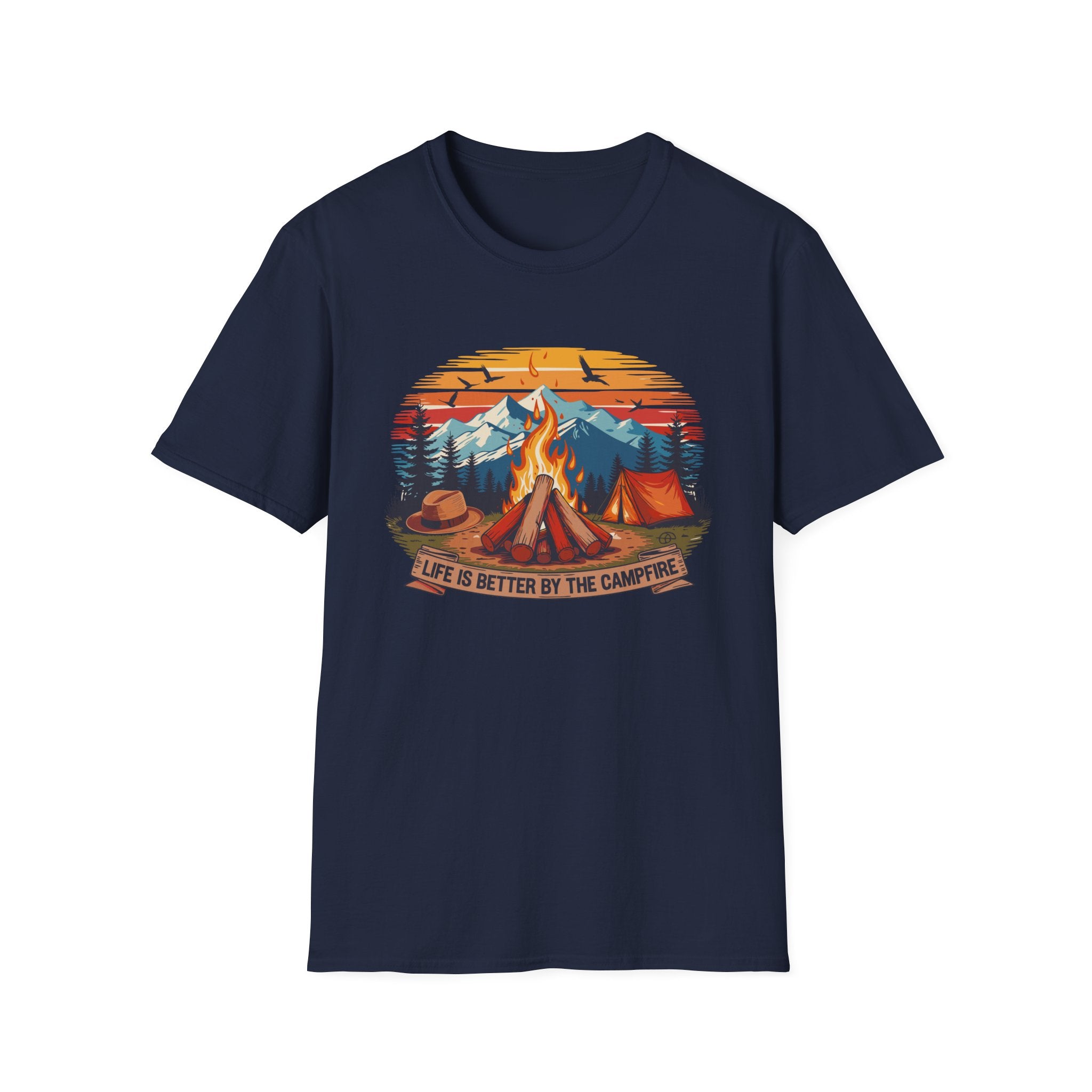 Campfire Vibes Unisex Softstyle T-Shirt, Outdoor Lovers Tee, Adventure Gift, Camping Apparel, Summer Festivals, Nature Enthusiast
