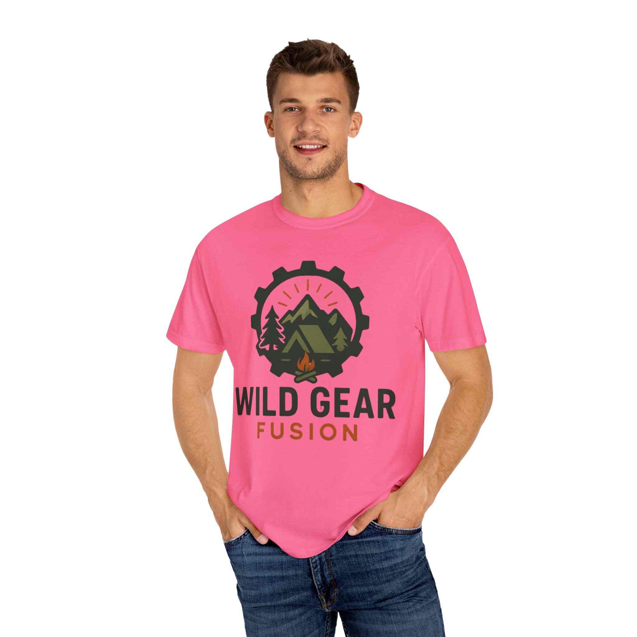 Wild Gear Fusion unisex pink garment-dyed t-shirt with outdoor camping logo, casual eco-friendly cotton tee