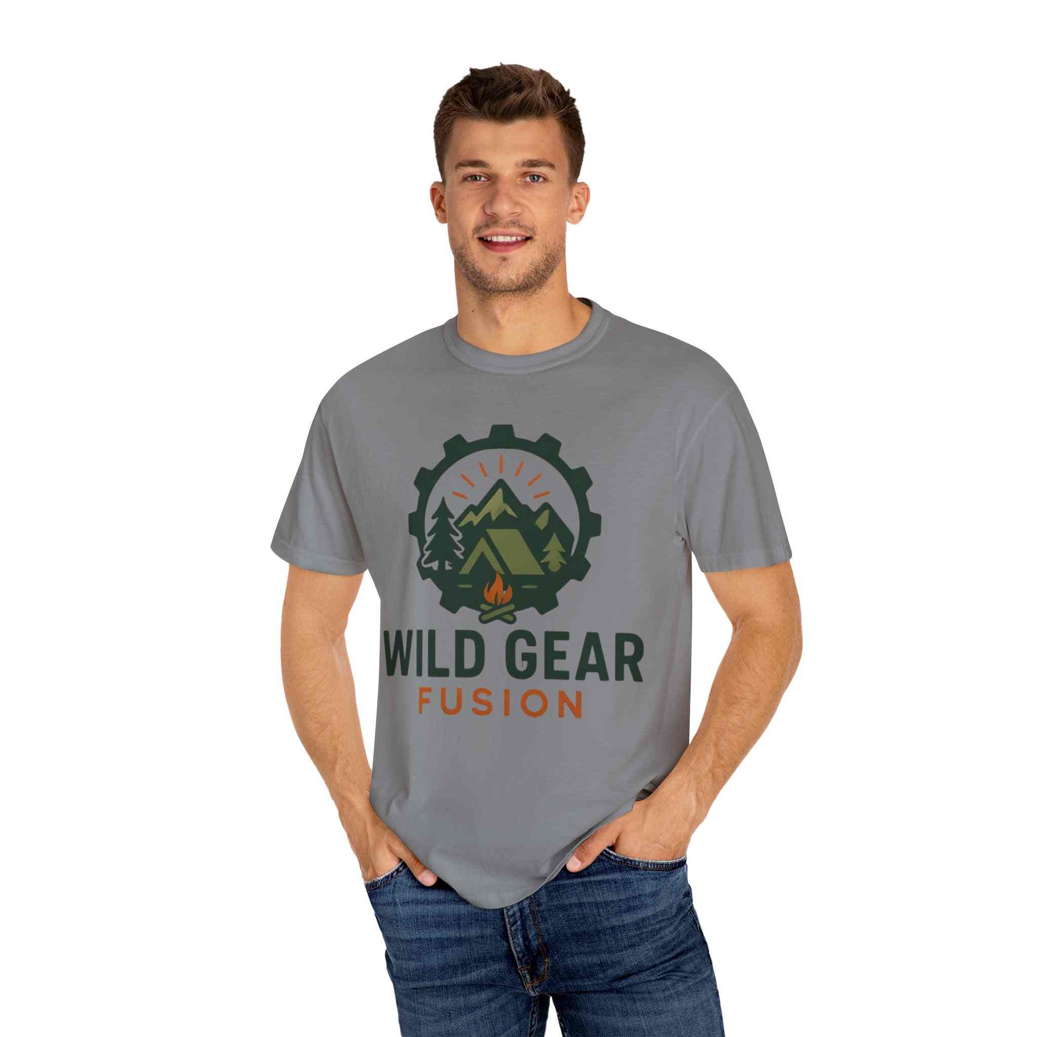 Wild Gear Fusion unisex grey garment-dyed t-shirt with outdoor camping graphic, made of 100% ring-spun cotton.
