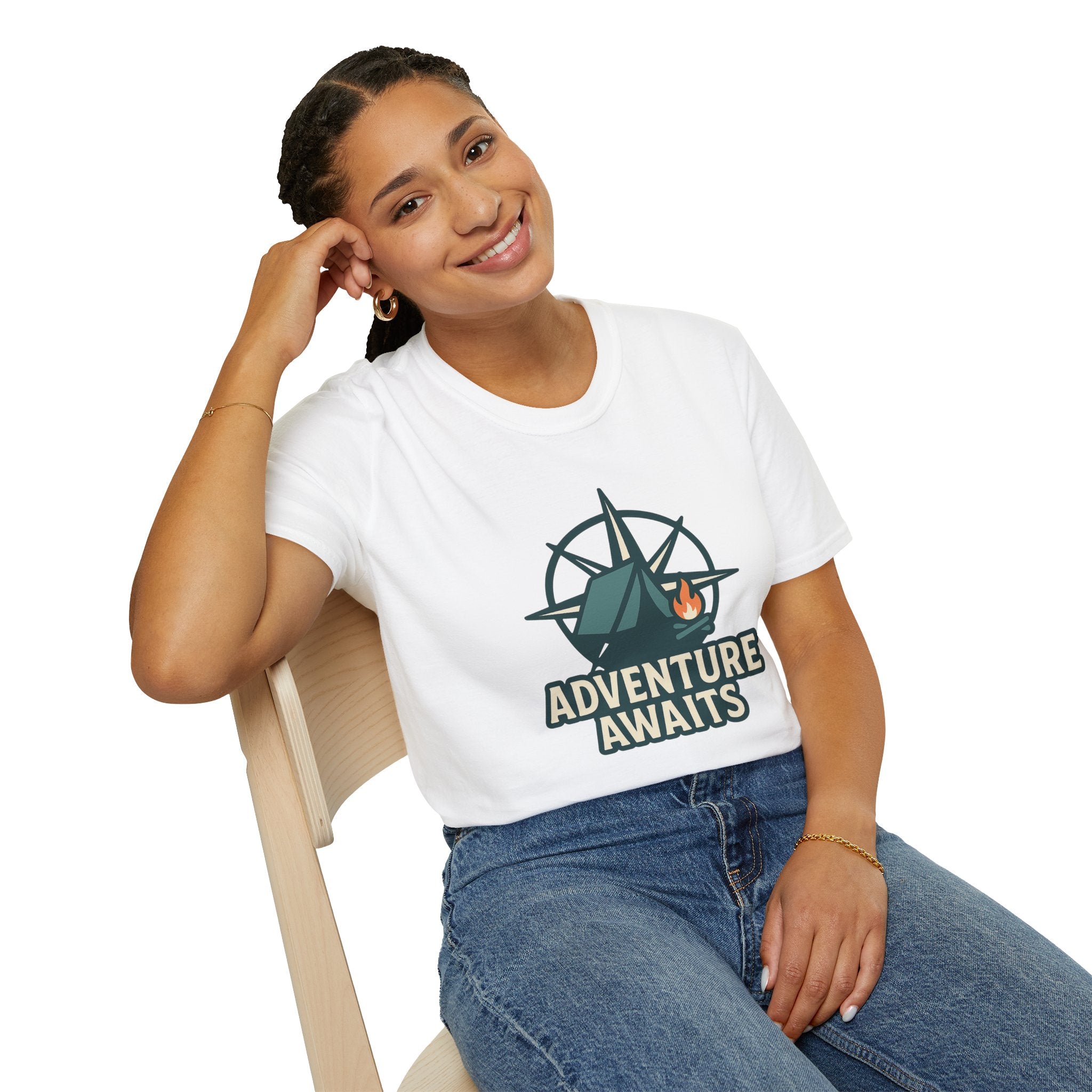 Adventure Awaits Unisex Softstyle T-Shirt, Camping Shirt, Hiking Tee, Outdoor Enthusiast Gift, Adventure Lover Apparel, Travel T-Shirt