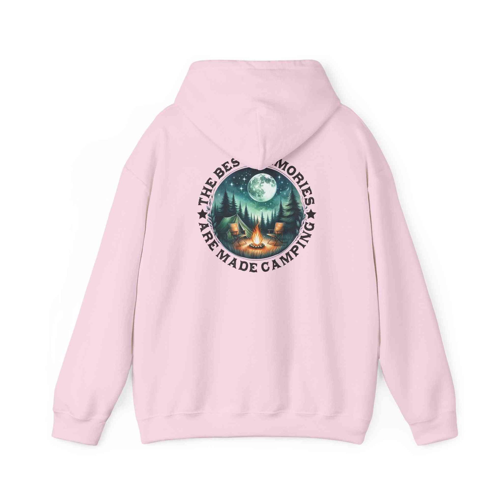 pink cozy unisex camping adventure sweatshirt with back graphic of night campfire and trees under full moon