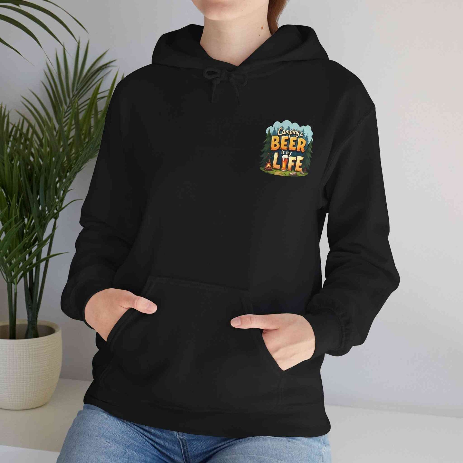 Unisex black Beer Life Camping Hoodie with kangaroo pocket and adjustable hood, perfect for outdoor and casual wear