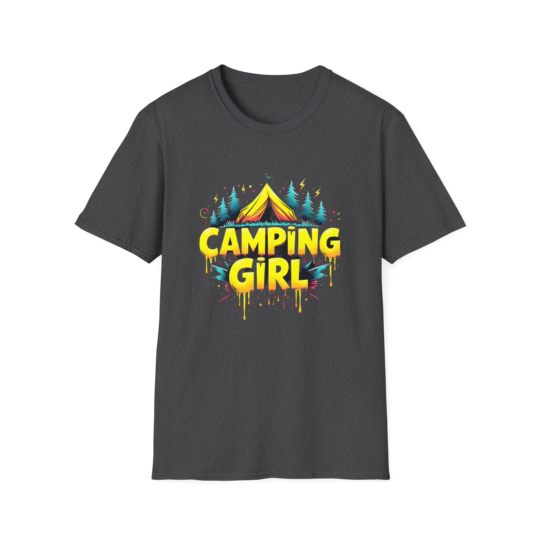 Camping Girl Unisex Softstyle T-Shirt, Outdoor Adventure Tee, Gift for Campers, Hiking Apparel, Summer Vacation Shirt