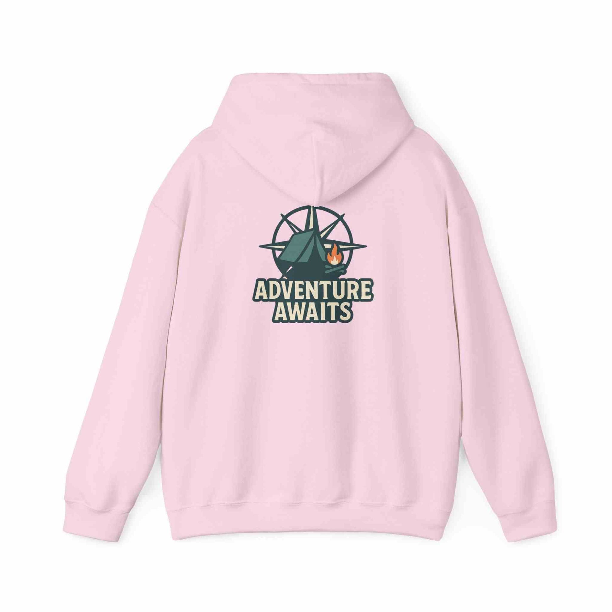 Pink unisex hoodie with Adventure Awaits camping and compass design on back for travel lovers