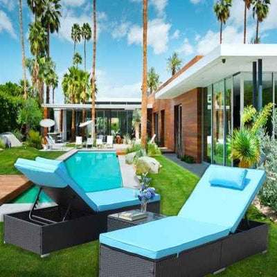 3-Piece Outdoor Patio Furniture Set Chaise Lounge, Patio Reclining Rattan Lounge Chair Chaise Couch Cushioned With Glass Coffee Table, Adjustable Back And Feet, Lounger Chair For Pool Garden, Blue - Wild Gear Fusion