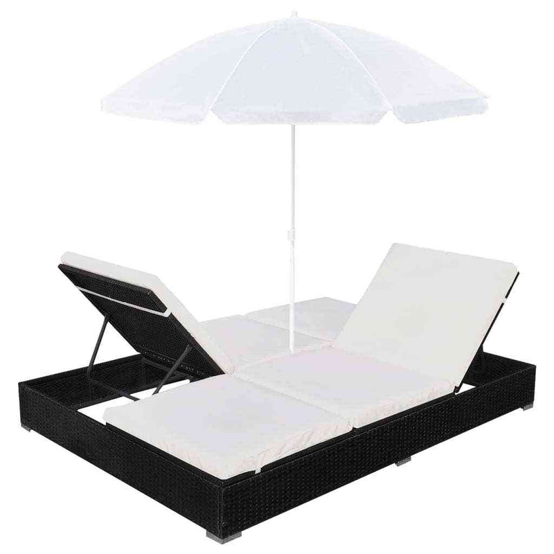 vidaXL Patio Lounge Bed with Umbrella Poly Rattan Black - Wild Gear Fusion