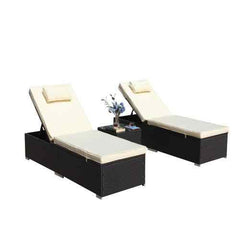 3-Piece Outdoor Patio Furniture Set Chaise Lounge, Patio Reclining Rattan Lounge Chair Chaise Couch Cushioned With Glass Coffee Table, Adjustable Back And Feet, Lounger Chair For Pool Garden, Beige - Wild Gear Fusion